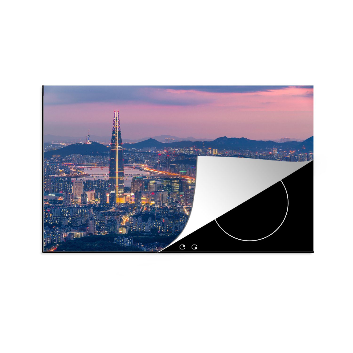 MuchoWow Herdblende-/Abdeckplatte Ein Luftbild von Seoul mit dem Lotte World Tower, Vinyl, (1 tlg), 81x52 cm, Induktionskochfeld Schutz für die küche, Ceranfeldabdeckung | Herdabdeckplatten