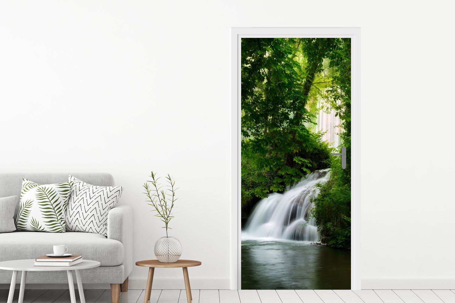 MuchoWow Türtapete Wasserfall - Natur - Grün, Matt, bedruckt, (1 St), Selbstklebende Tapete, Folie für Möbel, 75x205 cm – Bild 2 von 5