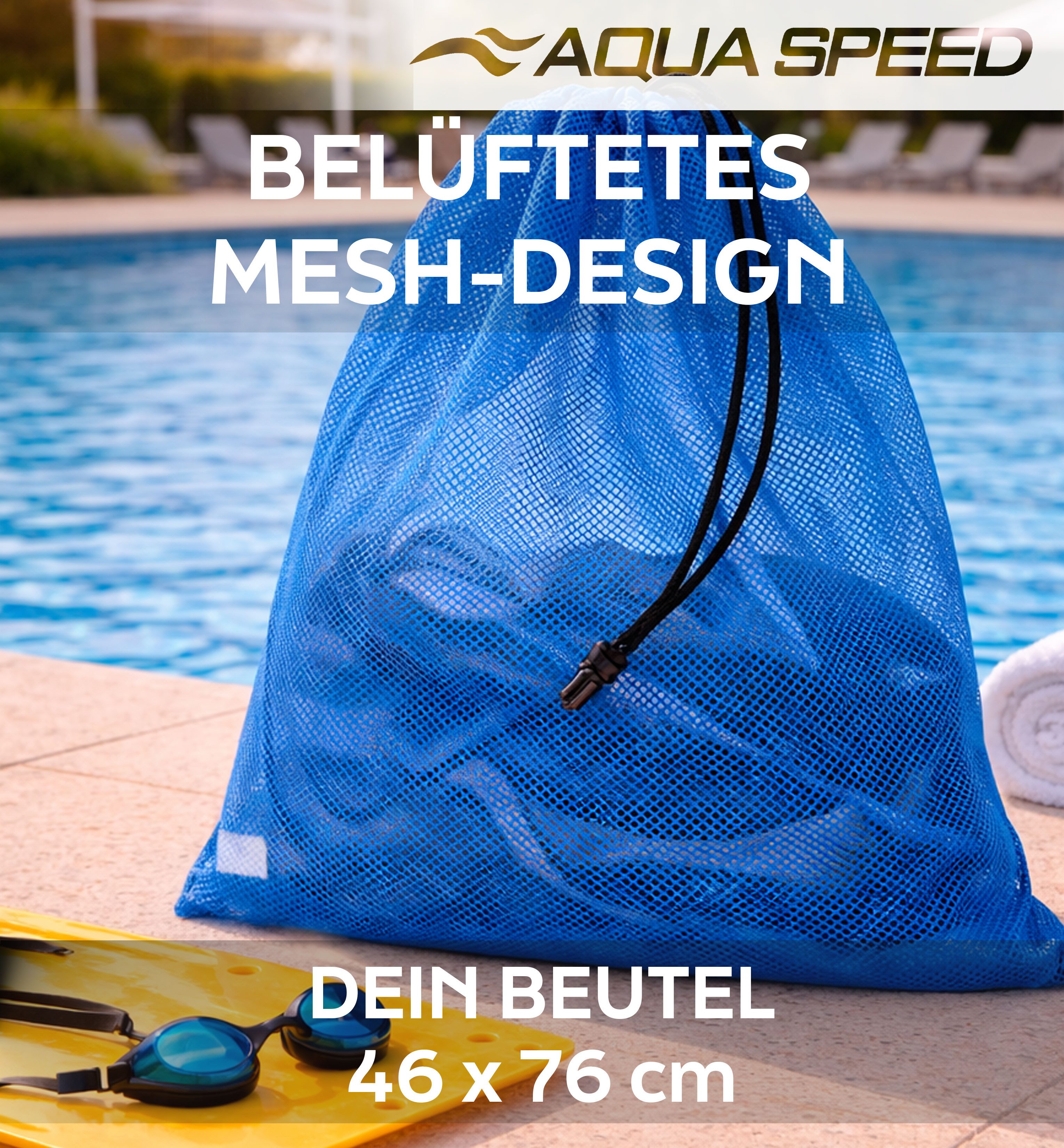Aqua Speed Turnbeutel Netzbeutel Mesh Wassersport Tasche 46x76cm blau (Großer Transportbeutel für Schwimm- & Tauchausrüstung), Komfortabler Schultergurt für ein – Bild 2 von 5