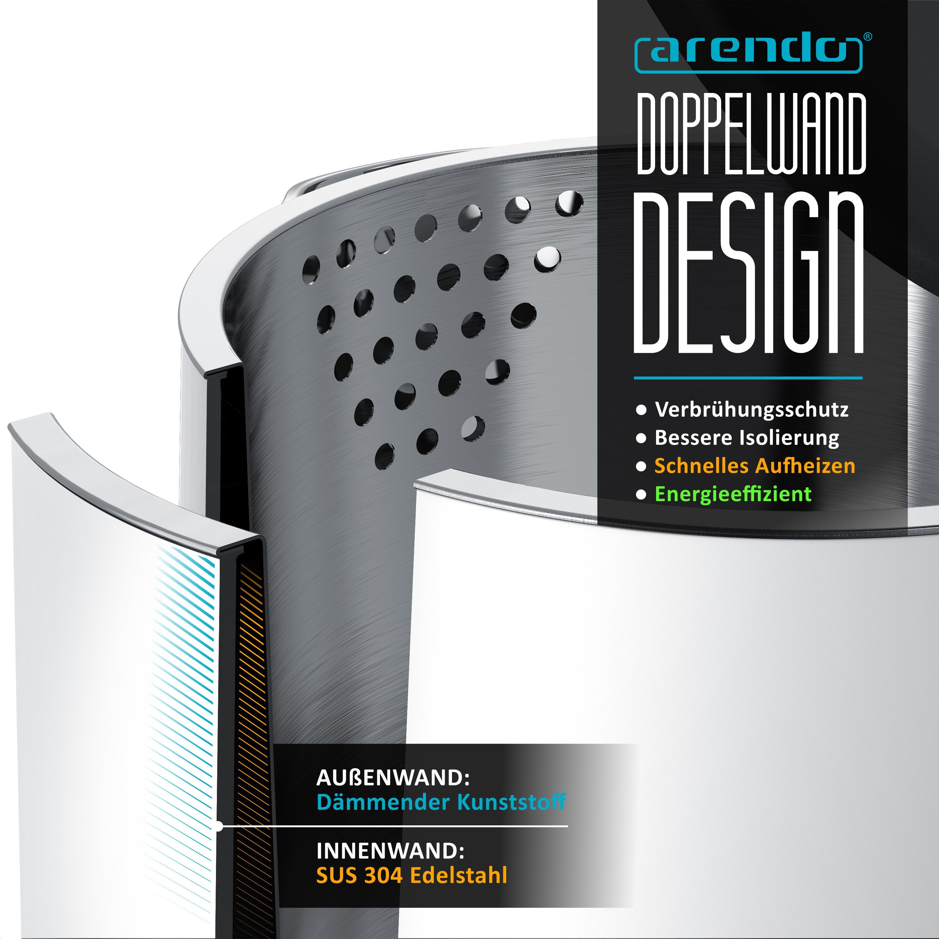 Arendo Wasserkocher aus Edelstahl, 360° Controller, Doppelwand-Design, weiß matt, 1,5 l, 2200 W, Teekocher, Cool-Touch-Griff, Überhitzungsschutz, BPA-frei, kabe – Bild 4 von 5