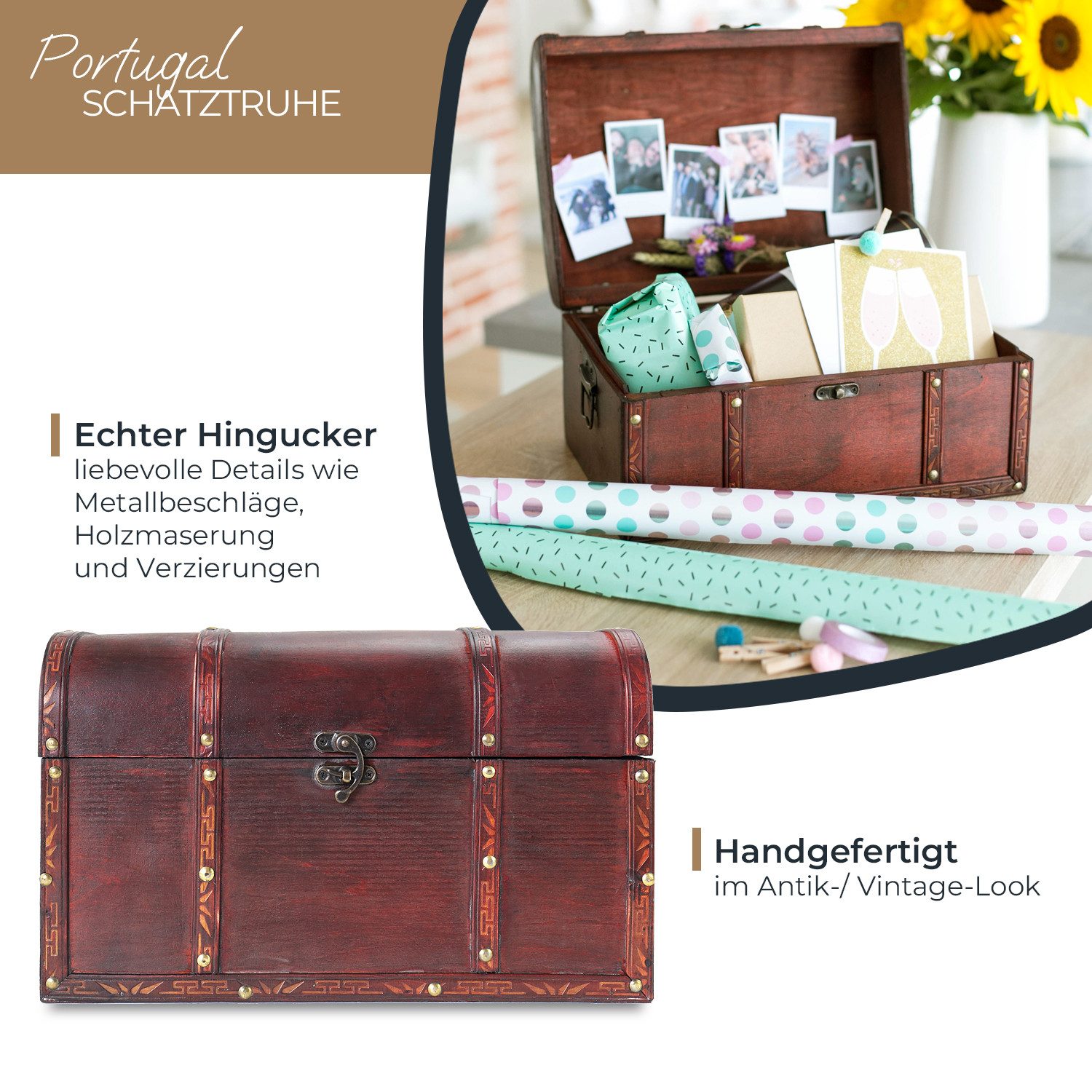 HMF Schatzkiste Schatztruhe aus Holz, große Schatzkiste mit Vintage Metallverschluss, für Kindergeburtstag, Hochzeit & Jubiläum, 40 x 30 x 25 cm, Portugal