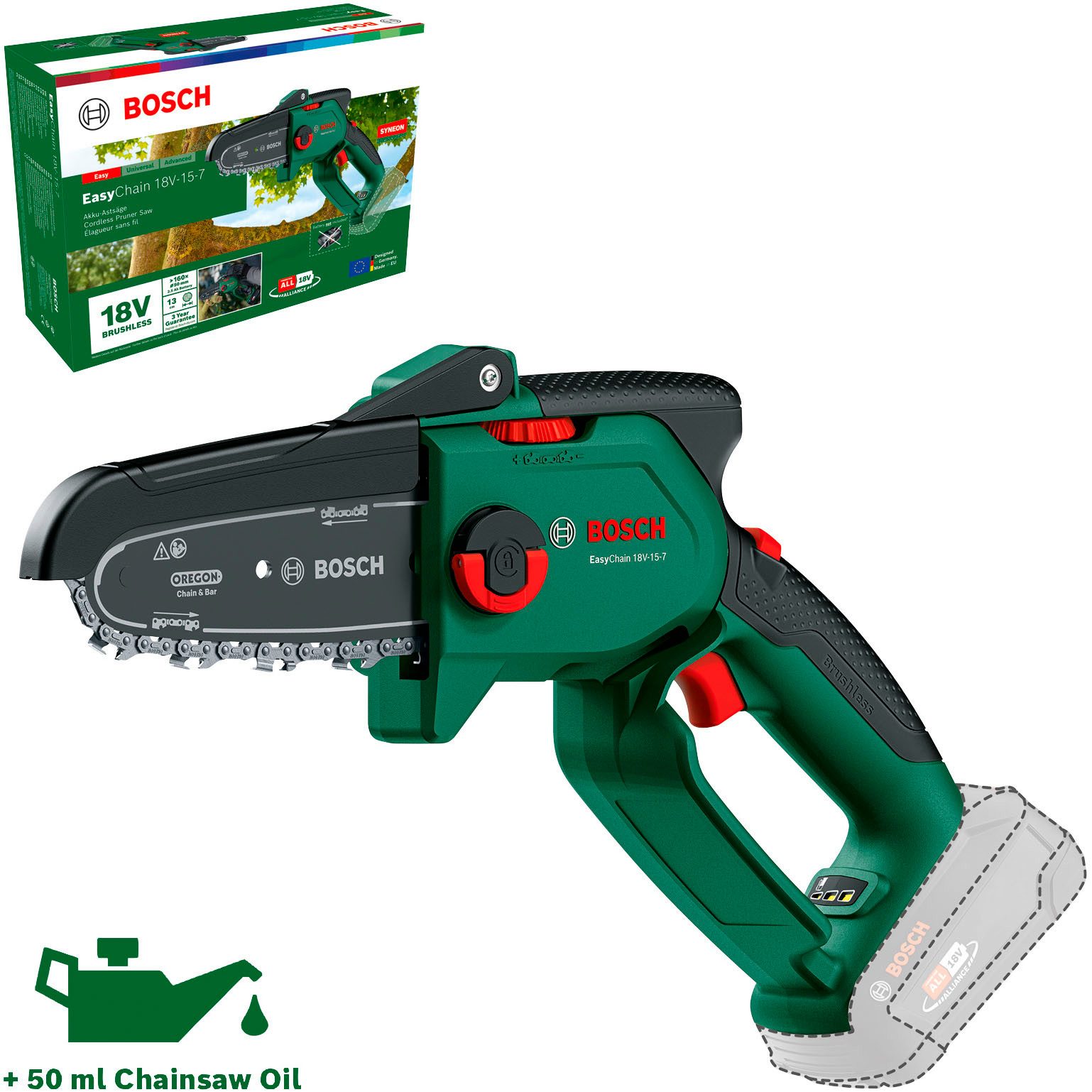Bosch Home & Garden Akku-Kettensäge »EasyChain 18V-15-7«, 15 cm Schwertlänge, Oregon-Kette, ohne Akku, ohne Ladegerät