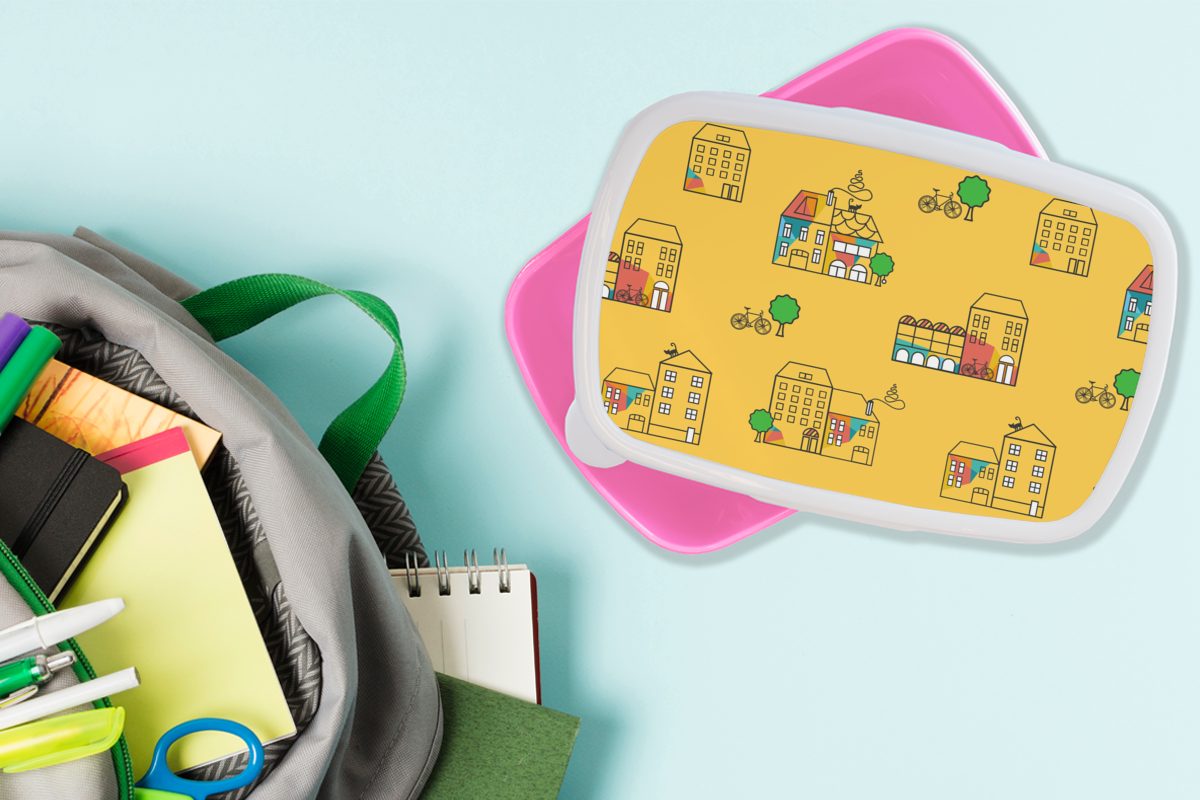 MuchoWow Lunchbox Sommer - Muster Kunststoff, Kinder, Mädchen, Brotdose Snackbox, Kunststoff (2-tlg), Erwachsene, Stadt, Brotbox - für rosa