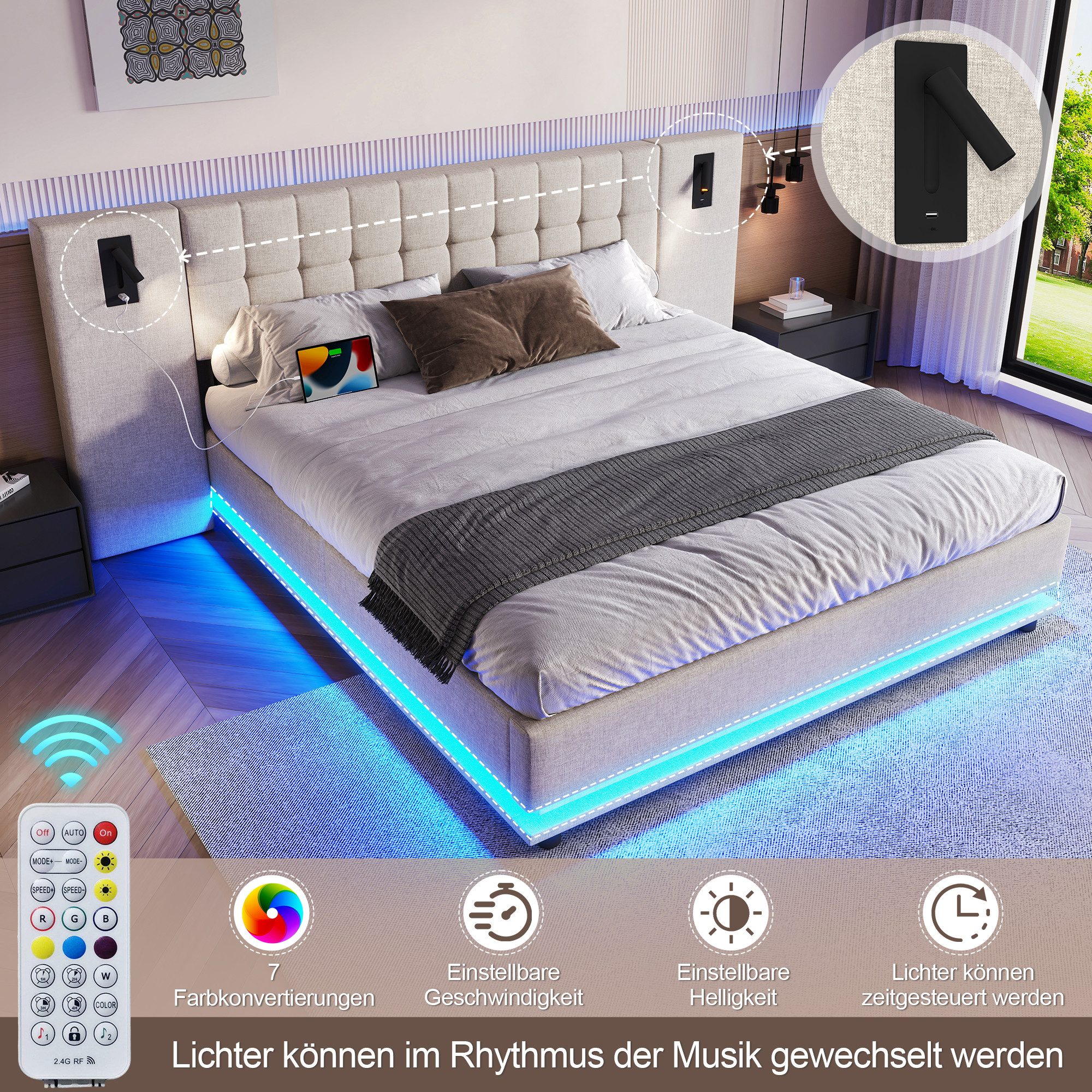 REDOM Polsterbett mit LED-Leiste & USB, günstig online kaufen