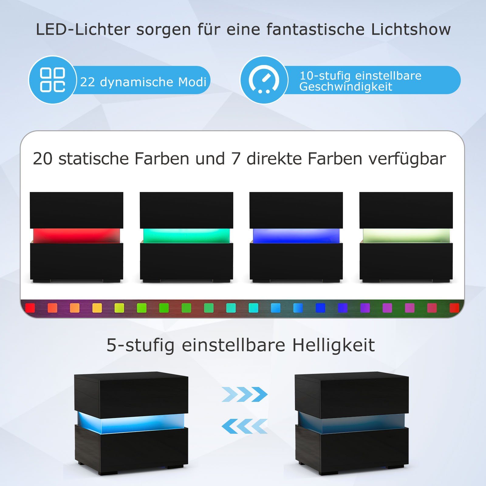 COSTWAY Nachttisch (2-St), mit LED Beleuchtung, Fernbedienung, 20 Farben, Hochglanz