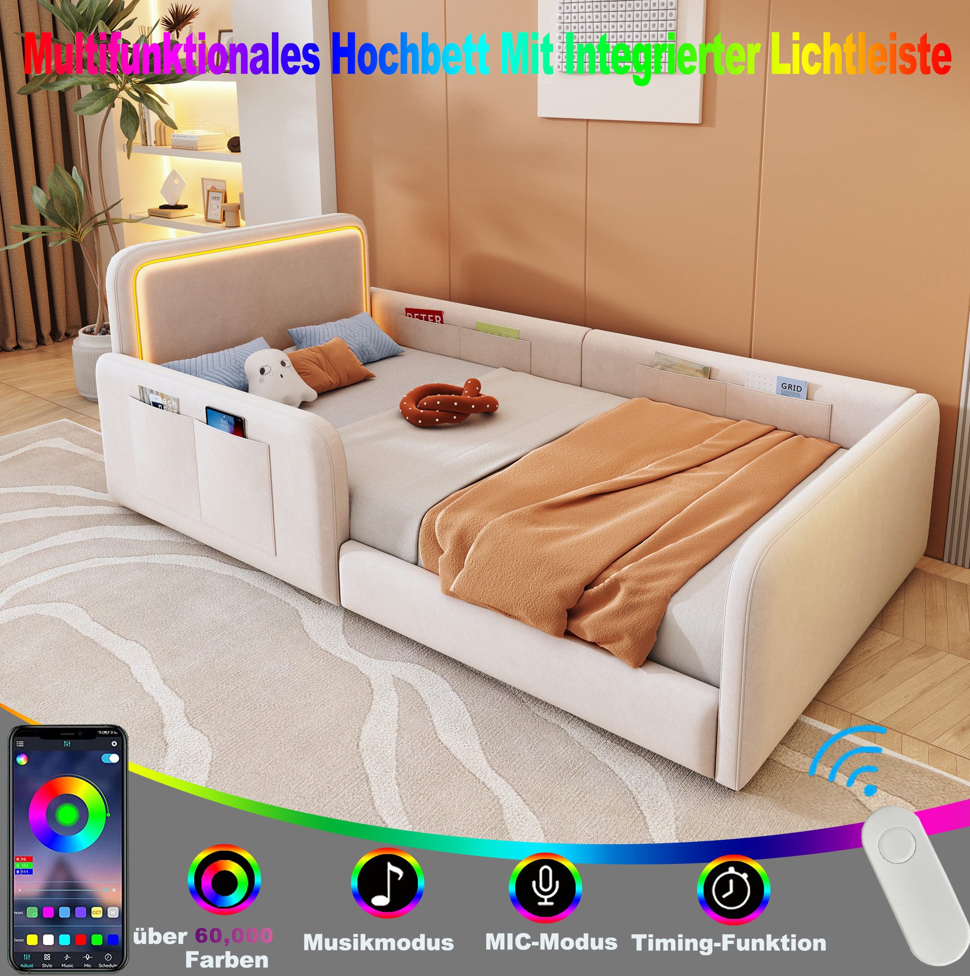 MODFU Polsterbett Jugendbett mit LED-Kopfteilbeleuchtung (90 x 200 cm, Kinderbett mit LED-Lichtleiste und App-Steuerung, Seitentaschen, Einzelbett), Inklusive Matratze