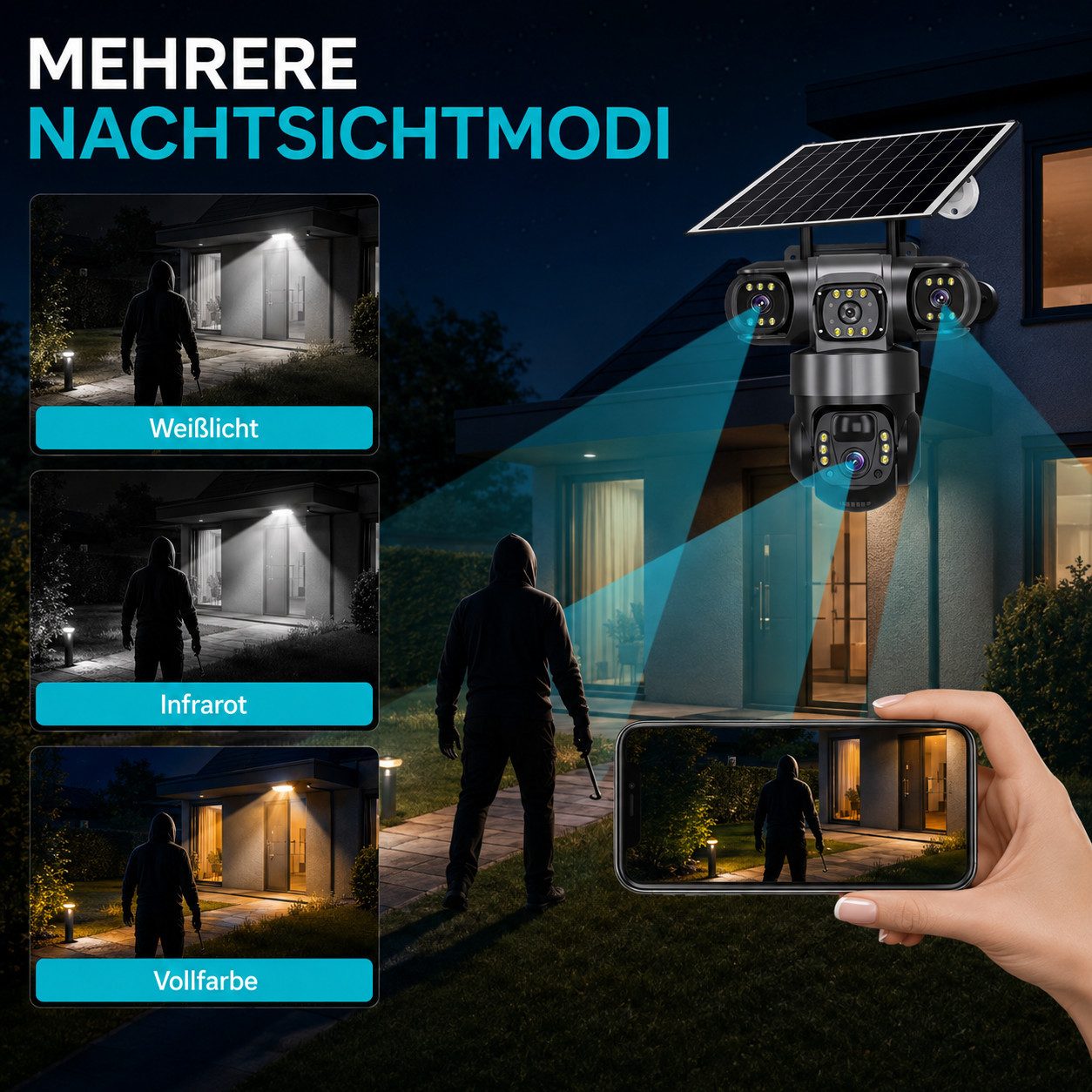 HS.SUPPLY Überwachungskamera Solar Überwachungskamera Außen WLAN PTZ 15MP 3-Linsen IP66 (Innenbereich, Außenbereich, Komplett-Set, Direkt einsatzbereit, Drei Ob – Bild 4 von 5
