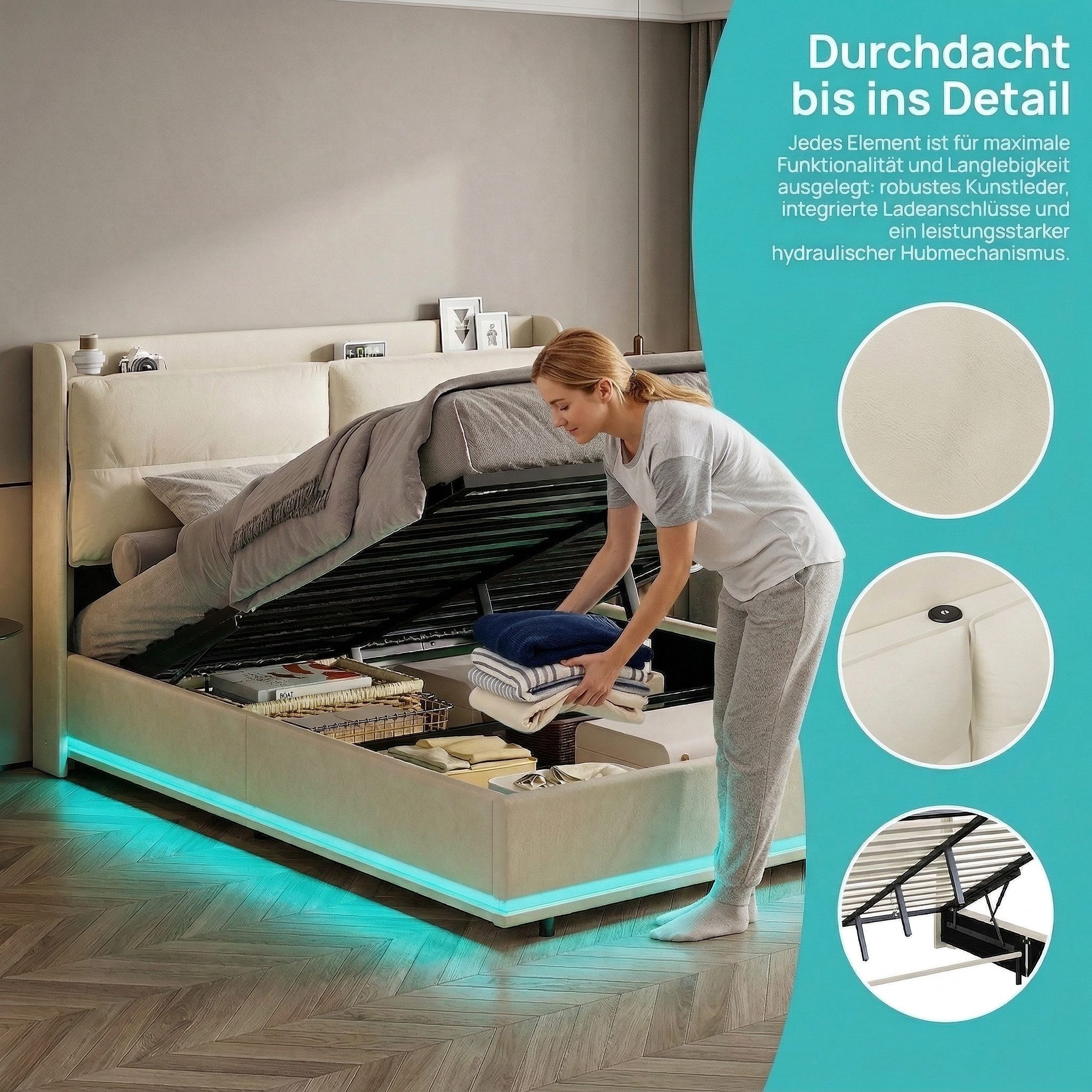 PXloue Bett Polsterbett Hydraulisches Stauraumbett Doppelbett, Kopfteil mit Drahtloses Aufladen, Lattenroste und Bettkästen, 140x200 – Bild 3 von 5