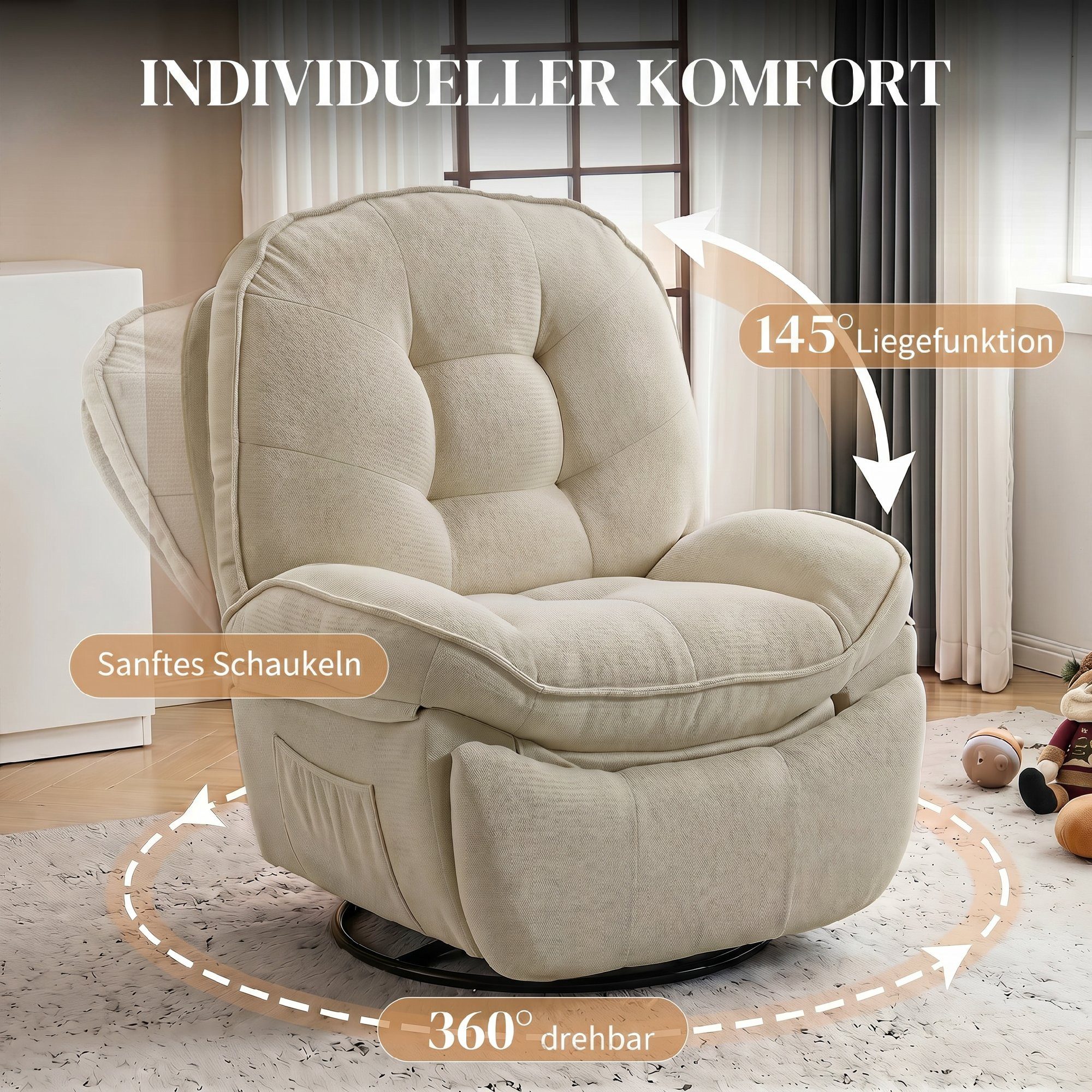 HOMCOM Relaxsessel Chenille-Sessel mit Fußstütze (Set, 1-St., Ruhesessel), 360° drehbar, wippend, bis 145° neigbar – Bild 4 von 5