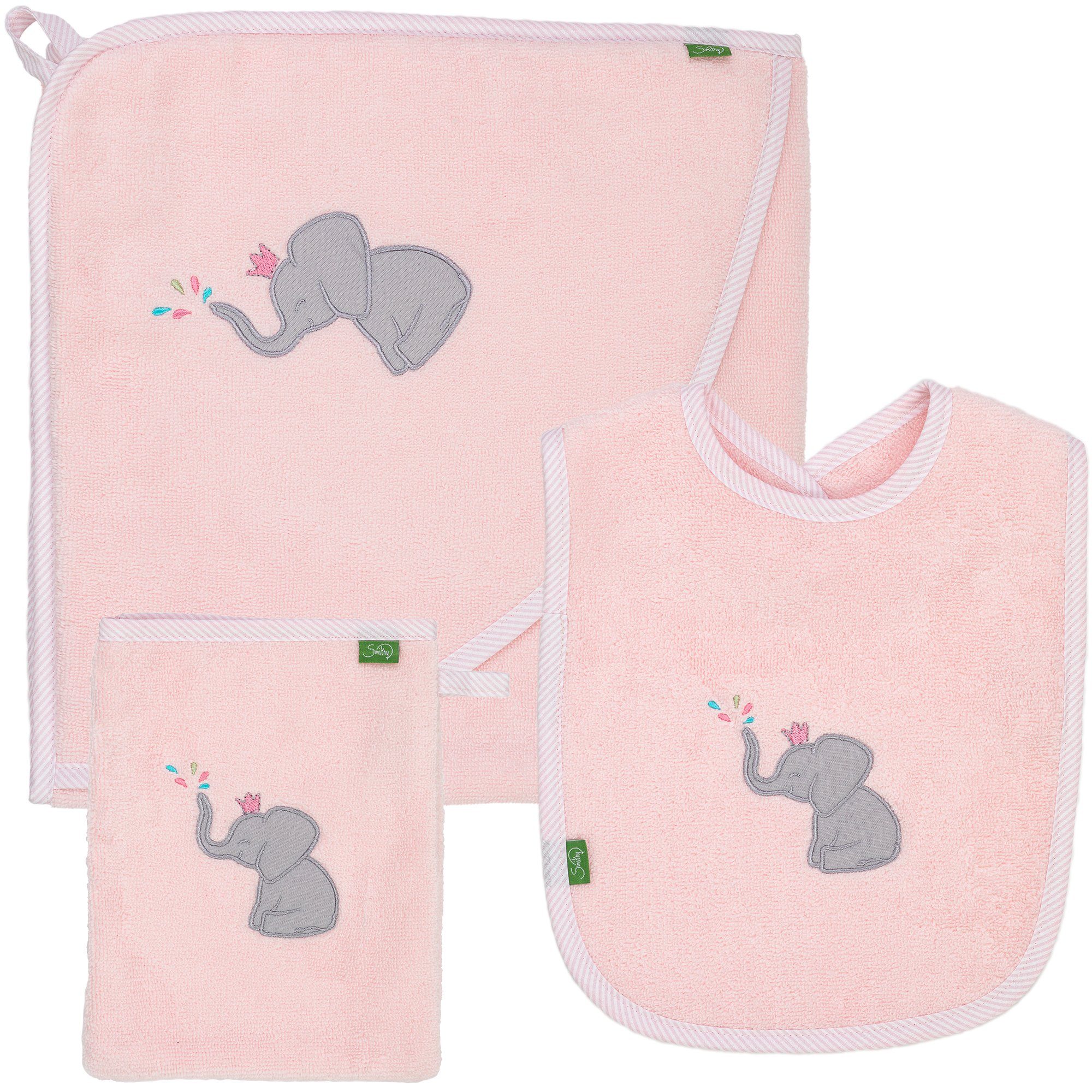 Smithy Handtuch Set Set 3-tlg. Elefant mit Kapuzenhandtuch, Waschhandschuh, Lätzchen, Frottee, (Spar-Set, 3-tlg), Set aus Kapuzenhandtuch, Waschlappen und Lätzchen