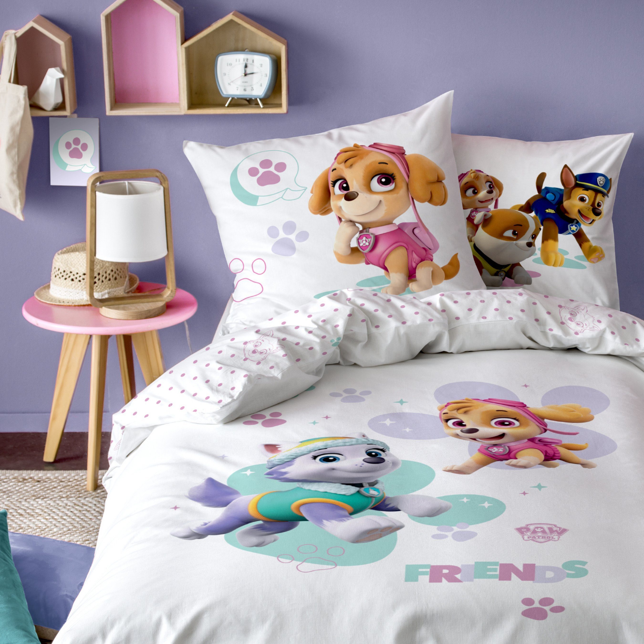 Kinderbettwäsche Paw Patrol 135x200 + 80x80 cm, 100 % Baumwolle, MTOnlinehandel, Renforcé, 2 teilig, Bettwäsche-Set Skye & Everest für Kinder, Mädchen und Jungen