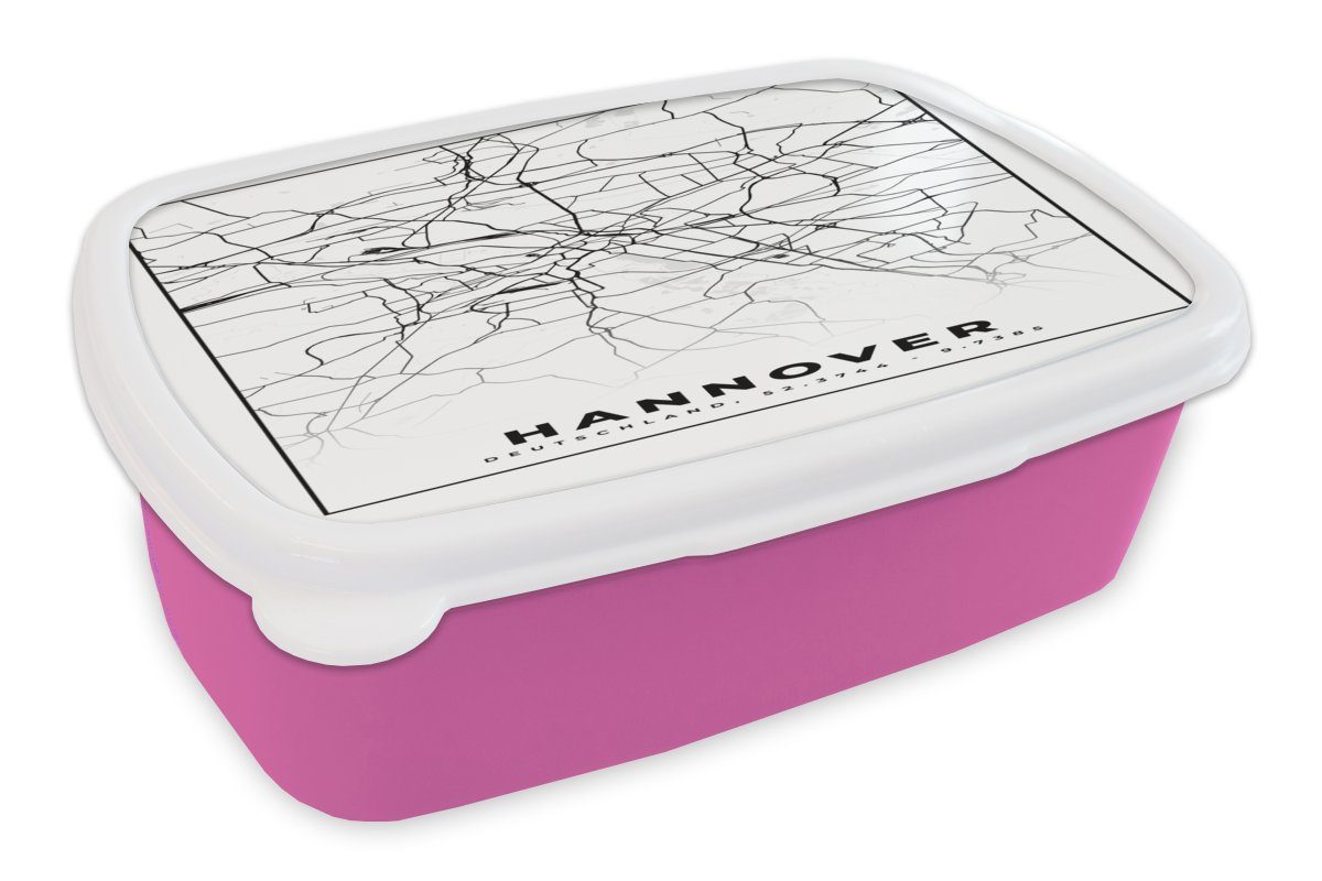 MuchoWow Lunchbox Hannover - Karte - Stadtplan - Karte, Kunststoff, (2-tlg), Brotbox für Erwachsene, Brotdose Kinder, Snackbox, Mädchen, Kunststoff rosa