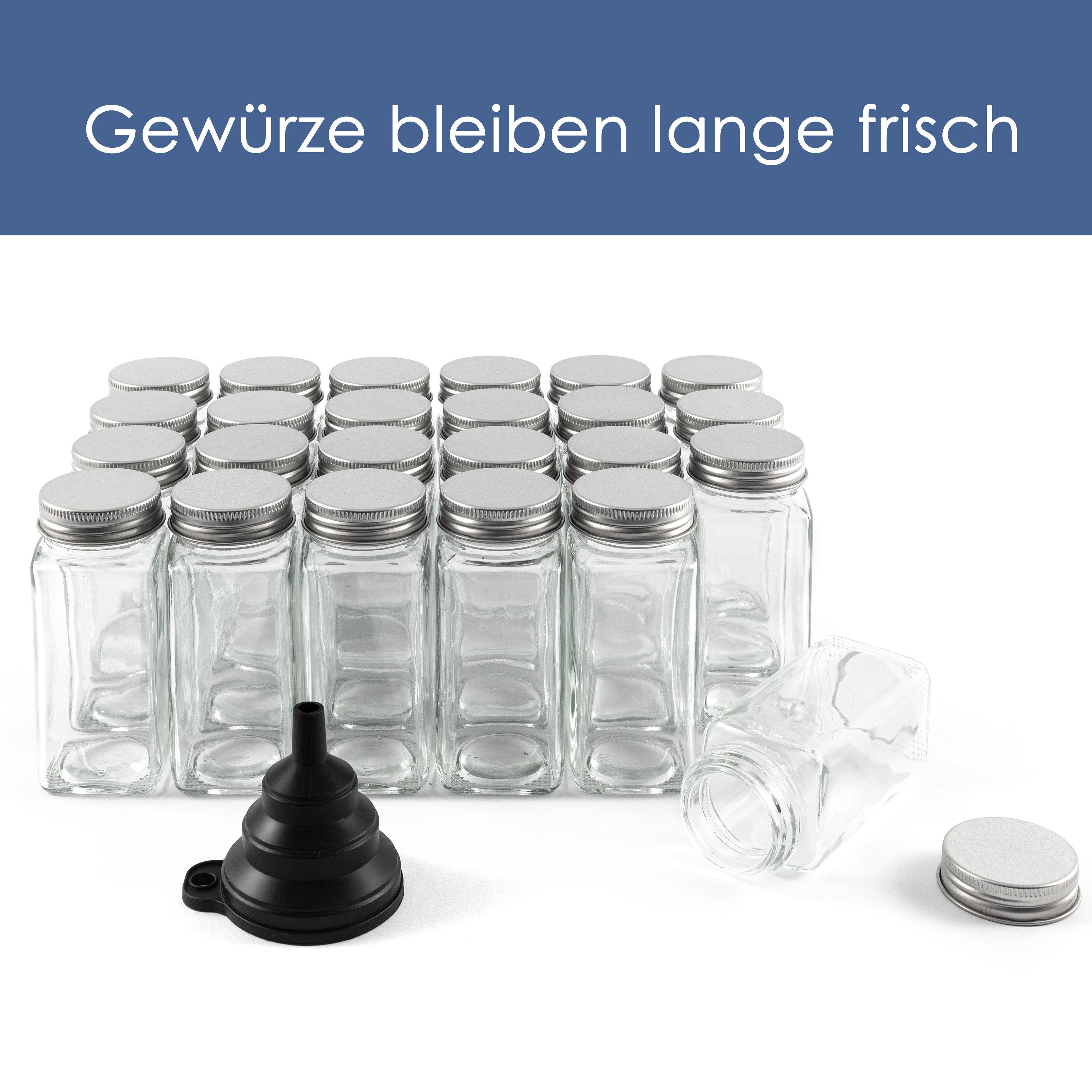 Hanseküche Gewürzbehälter Gewürzgläser Set mit Streueinsatz, Glas, (24 Gewürzgläser, 2-tlg., Set inkl. Zubehör), inkl. Ersatzstreueinsätze, Trichter und Reinigu – Bild 4 von 5