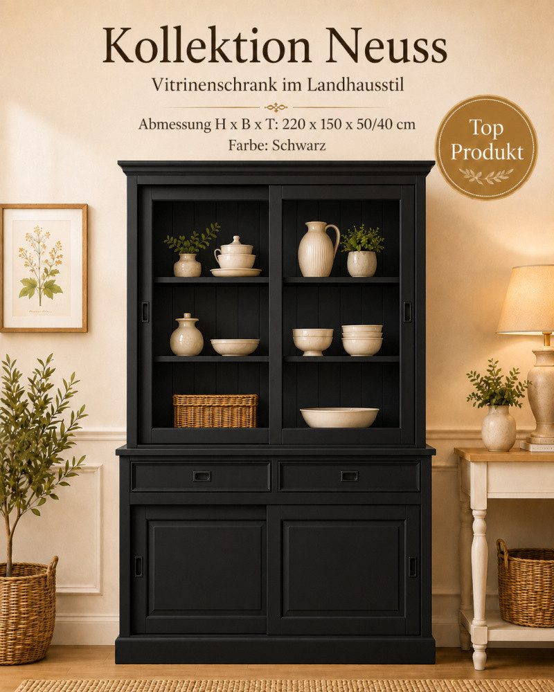 Wohnpalast Vitrine Landhaus Vitrinenschrank Neuss 150 cm Schwarz Buffetschrank