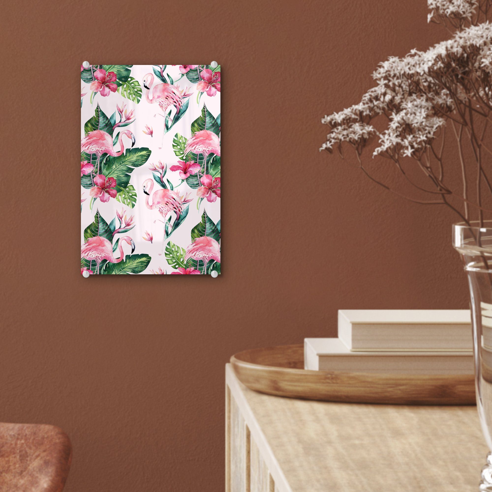 MuchoWow Acrylglasbild - Rosa, - Glasbilder Muster - auf - St), Wandbild (1 Wanddekoration Glas Bilder Glas Foto bunt Flamingo - auf