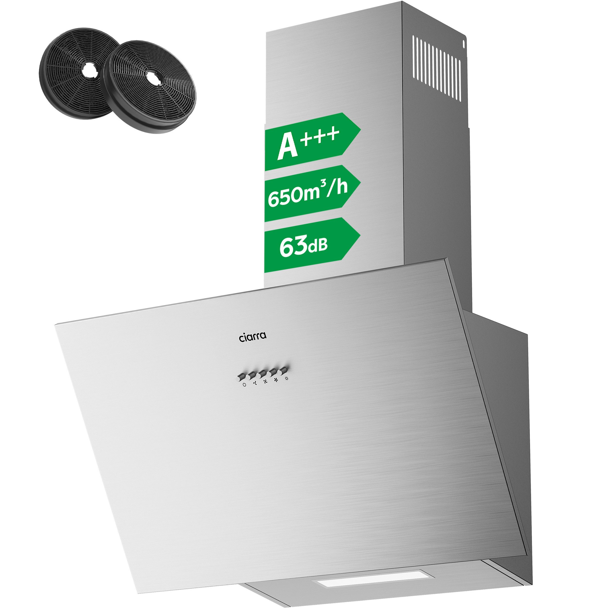 CIARRA Kopffreihaube 60 cm A+++ 650m³/h Schräghaube Umluft & Abluft leise 63 dB VM6762AS 60 cm A+++ 650m³/h Schräghaube Umluft & Abluft leise 63 dB VM6762AS, Kopffrei Dunstabzugshaube aus Edelstahl mit Kohlefilter & LED 3 Stufen