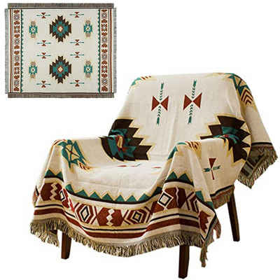 Wohndecke Boho-Decke mit Fransen,130×180 cm gewebte tagesdecke im Ethno-Stil, CALIYO, Aus hochwertiger Baumwolle und Polyesterfaser