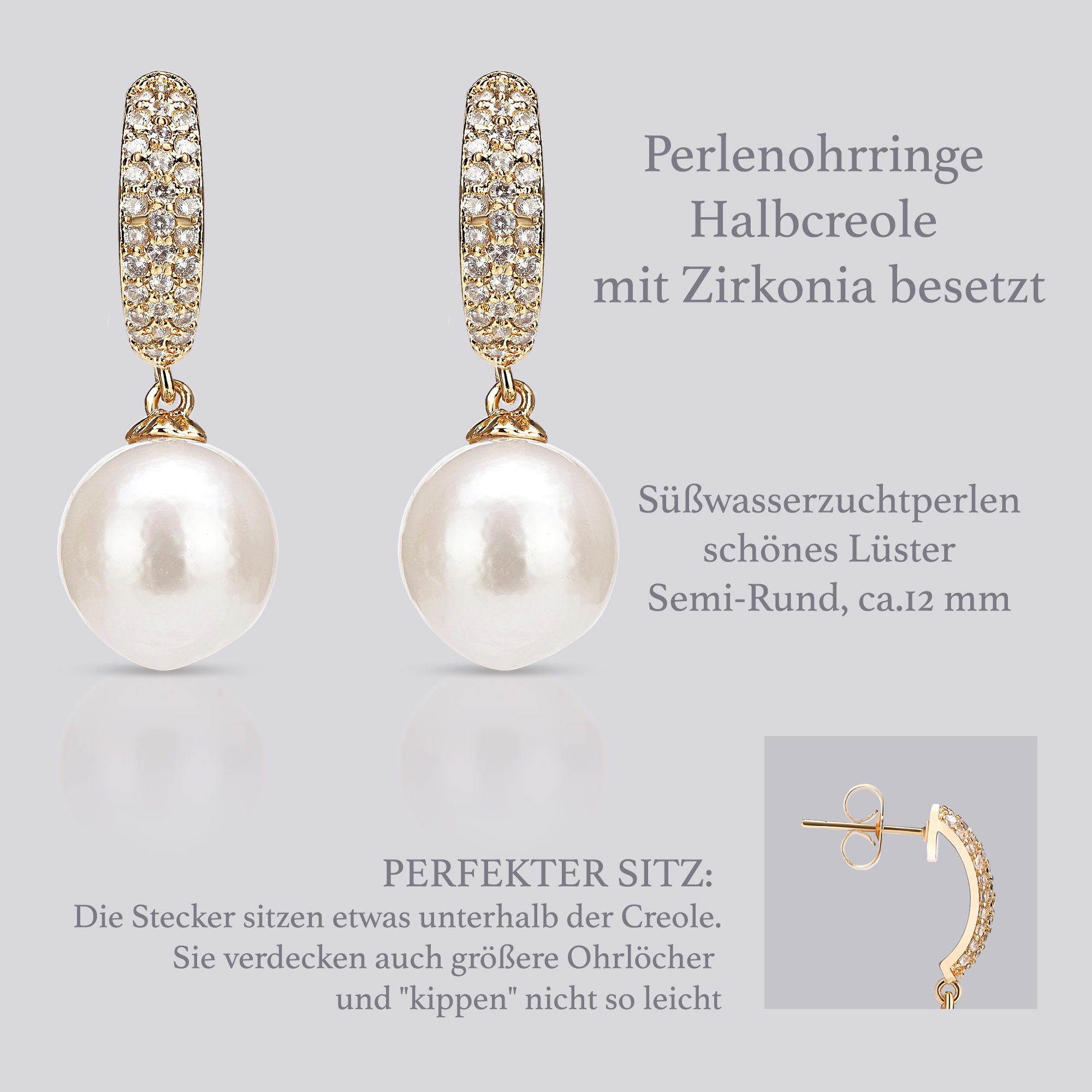 Celia von Barchewitz Perlenohrringe "Glanzleistung" Halb-Creole mit Semi-Barock-Perle und Zirkonia, perfekter Sitz