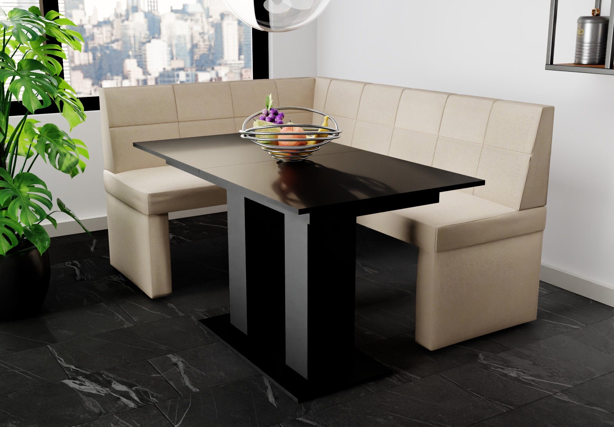 Tisch „BLAKE Eckbankgruppe XL“ Schwarz 196x142cm Größe ausziehbarer Tisch Eckbankgruppe Fun Möbel mit matt,