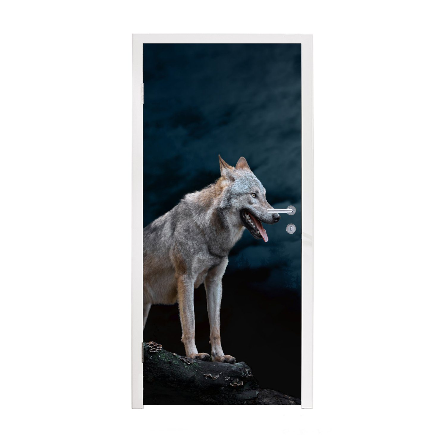 MuchoWow Türtapete Wolf - Mond - Nacht - Tiere - Porträt, Matt, bedruckt, (1 St), Fototapete für Tür, Türaufkleber, 75x205 cm