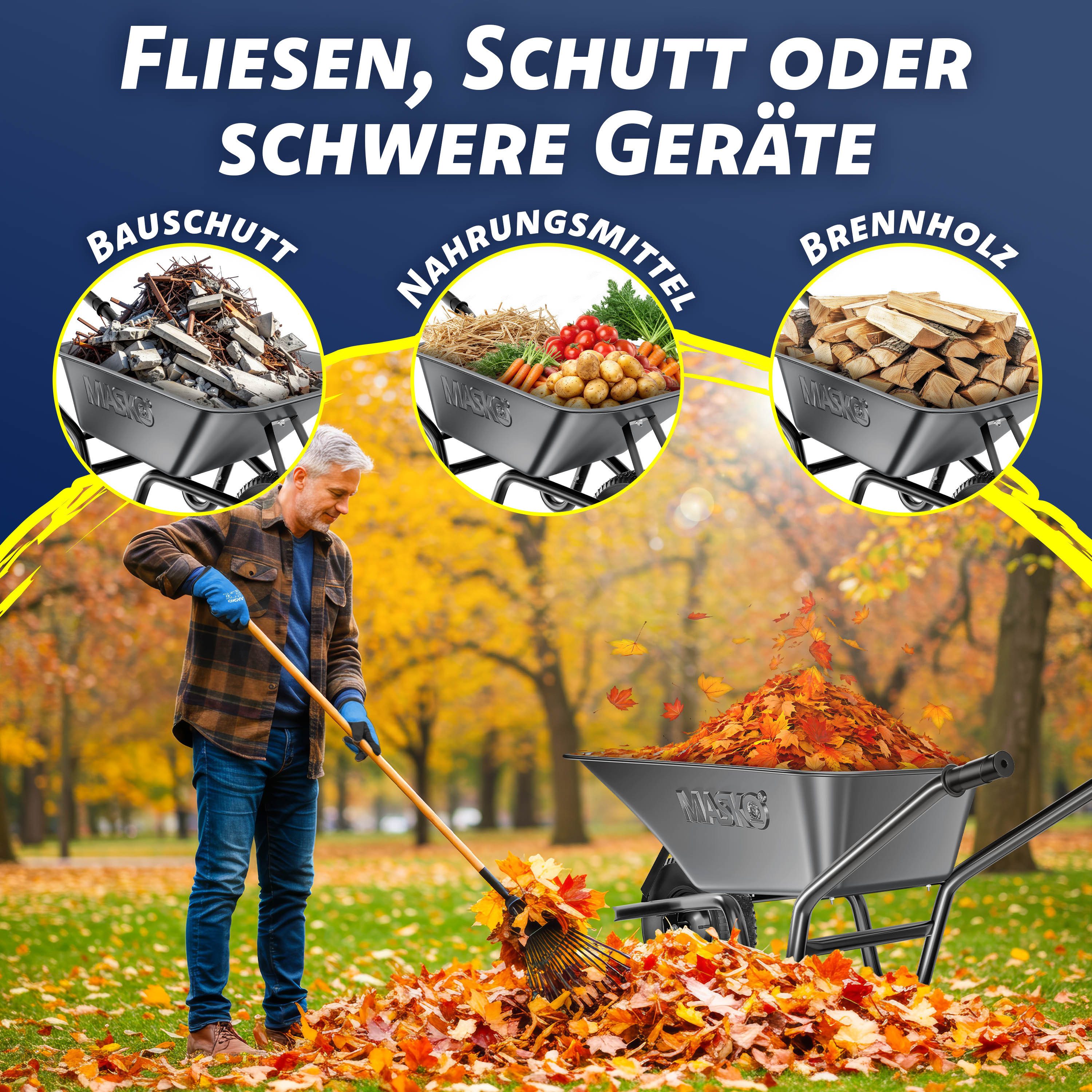 MASKO Schubkarre Bau- und Gartenschubkarre 100 Liter, mit Luftreifen und Stahlfelgen sowie einen Ersatzschlauch – Bild 4 von 5