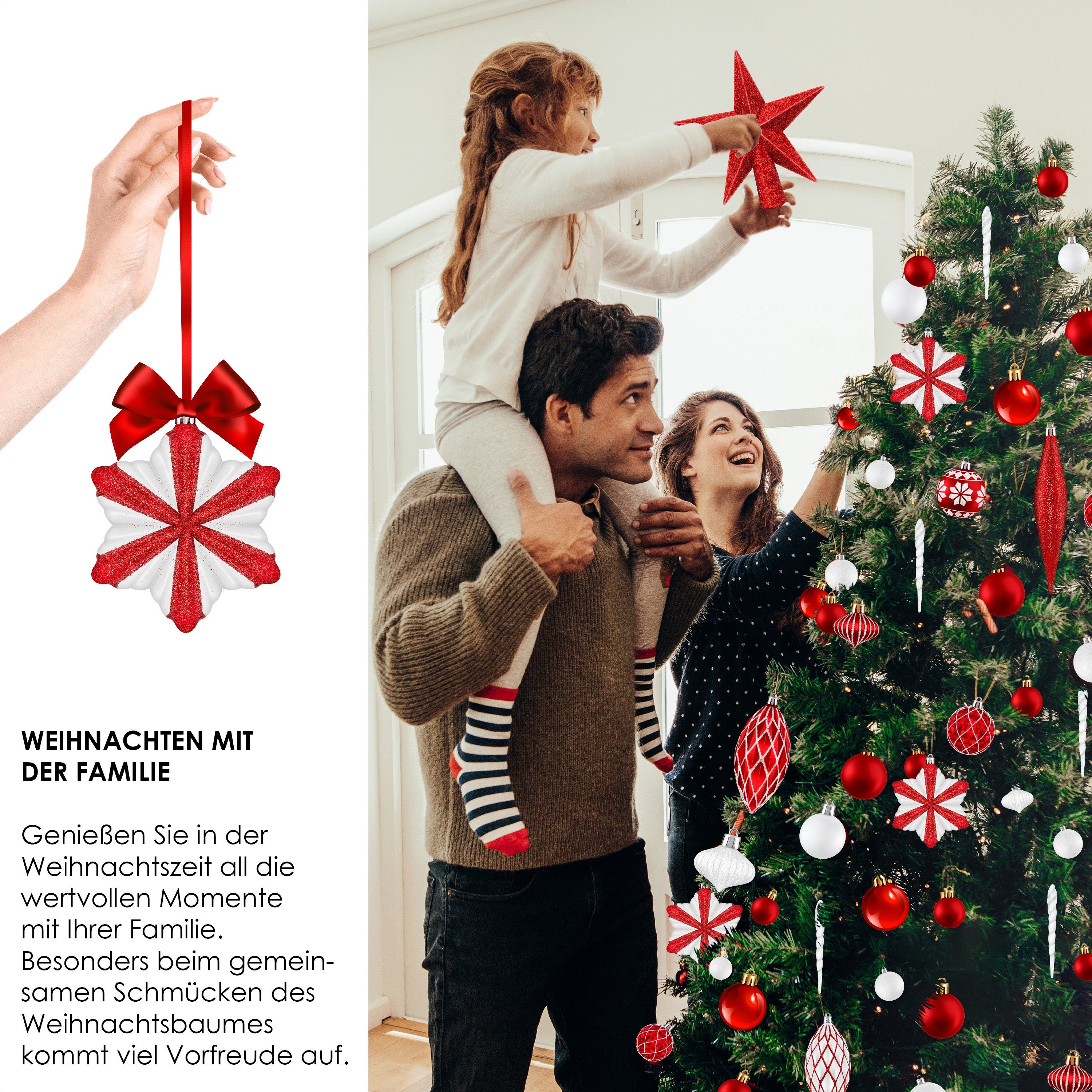 Set KESSER / rot Christbaumschmuck Weihnachtskugeln (135-tlg), 105-teiliges Baumspitze Christbaumkugeln weiß