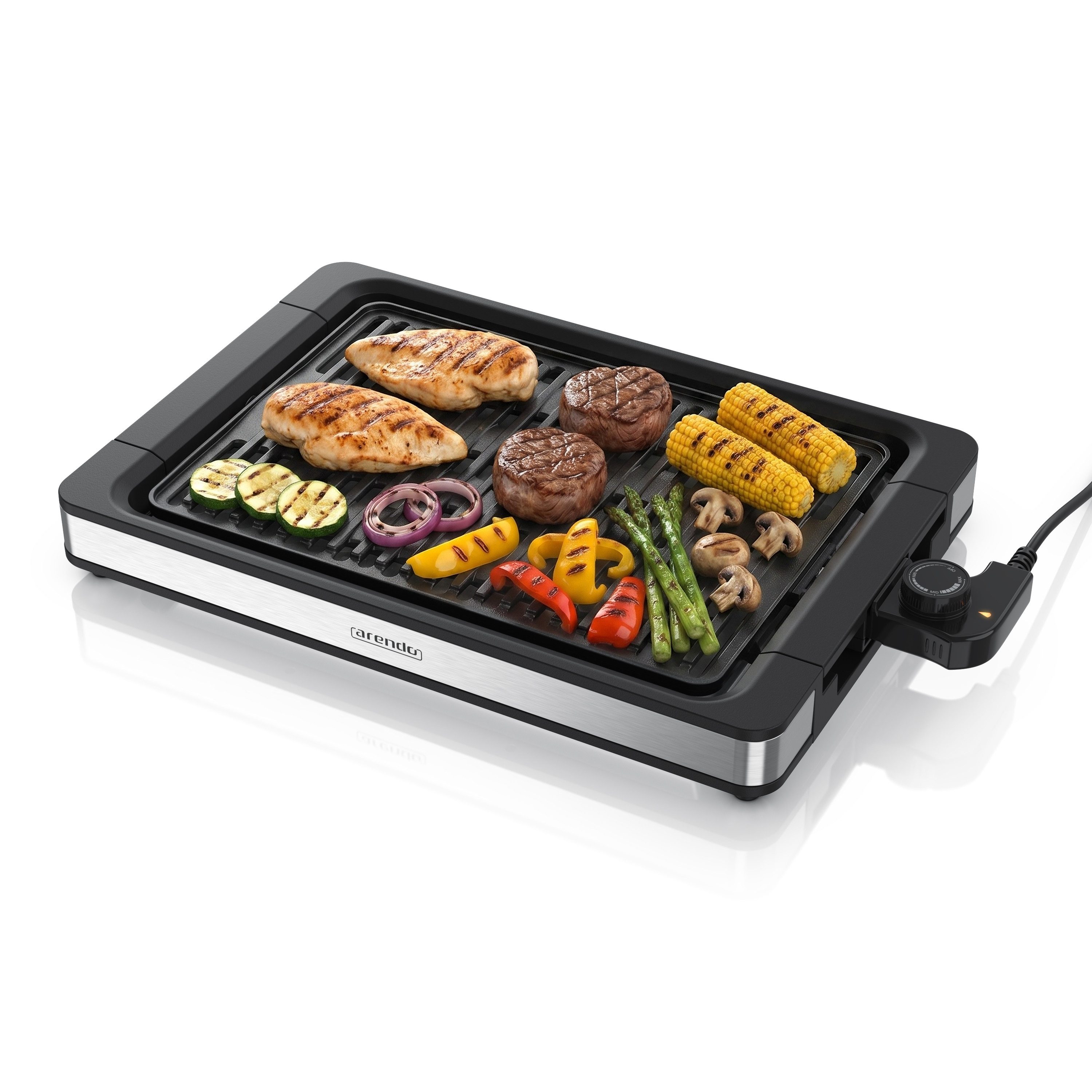 Arendo Tischgrill Edelstahl Elektrogrill, bis 250 Grad, elektrisch, Antihaftbeschichtung, 1800 W, stufenlose Temperaturregelung, für Balkon, Garten & Indoor