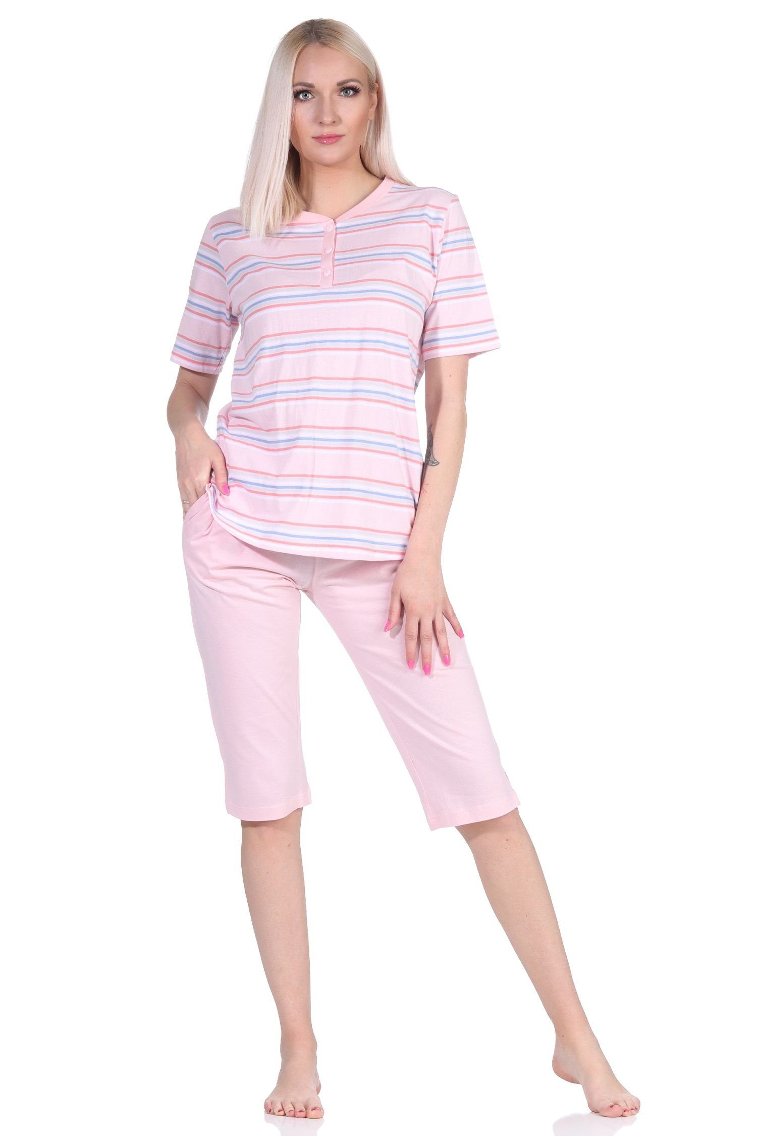 Normann Pyjama Damen Schlafanzug kurzarm Pyjama mit Caprihose rosa