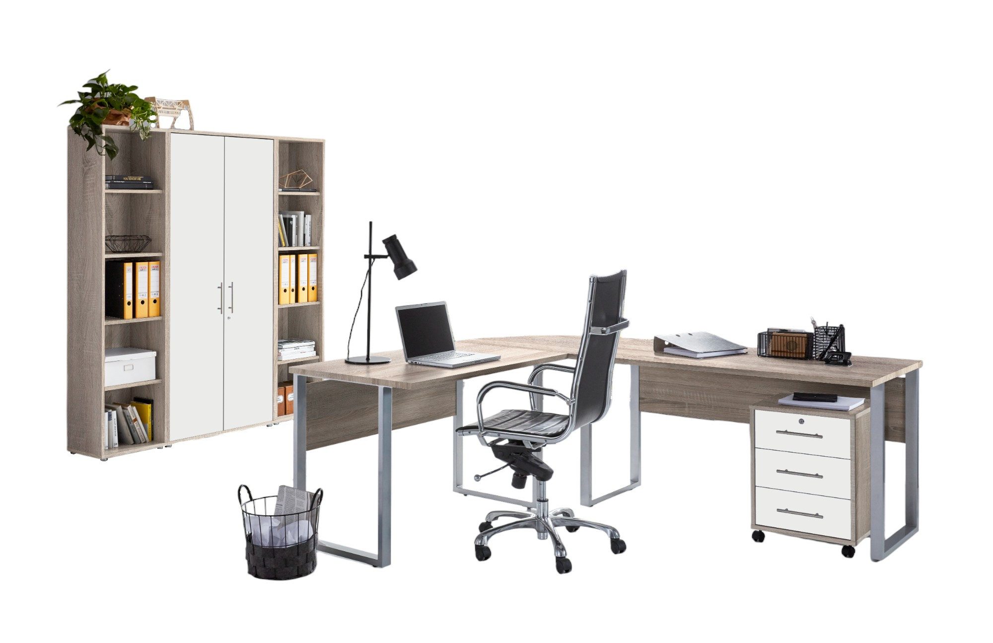 moebel-dich-auf Büromöbel-Set TABOR PRO Set 3, (abschließbar, Metallgriffe, 5-tlg., Winkelschreibtisch mit Rollcontainer + Aktenschrank + 2 Aktenregale), Made in Germany
