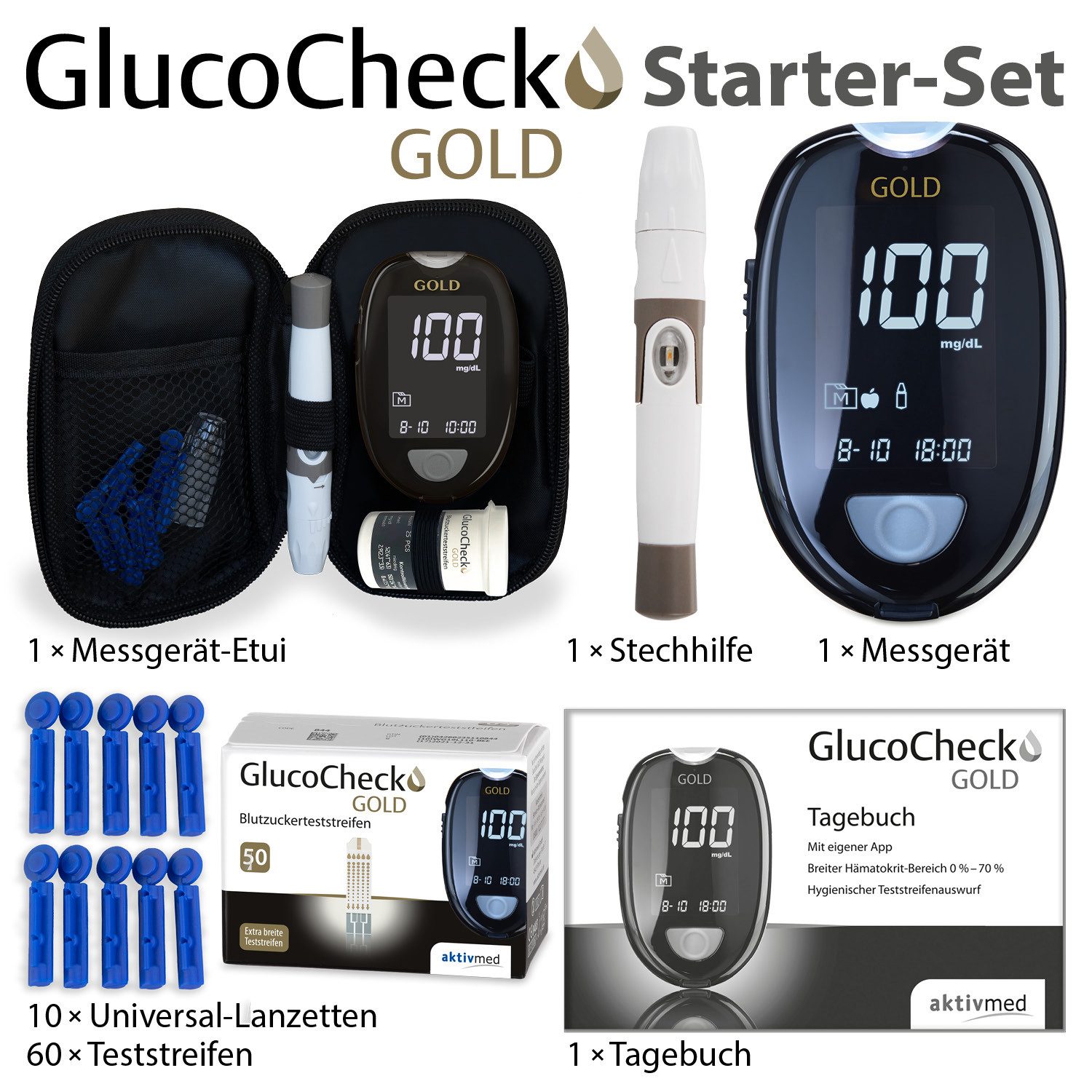 GlucoCheck Blutzuckermessgerät GlucoCheck GOLD Starter-Set mit 60 Teststreifen mg/dl