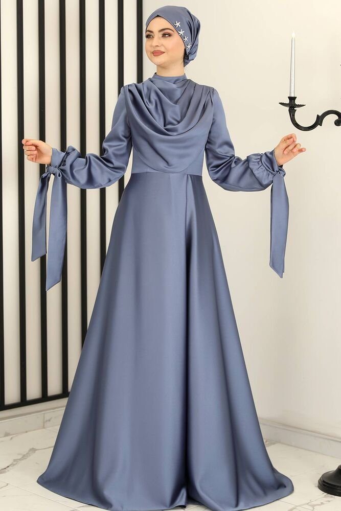 Modavitrini Satinkleid Damen Abendkleid Hijab Kleid Abiye Abaya Modest Fashion Indigo