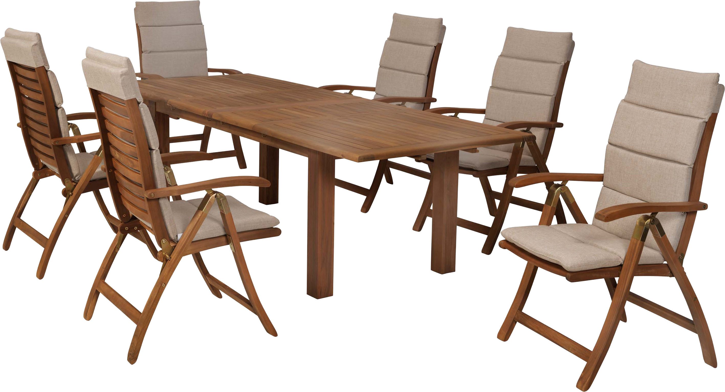 MERXX Garten-Essgruppe Paraiba, (Set, 13-tlg), inkl. 6 Klappsessel, 6 Auflagen, 1 Doppelausziehtisch