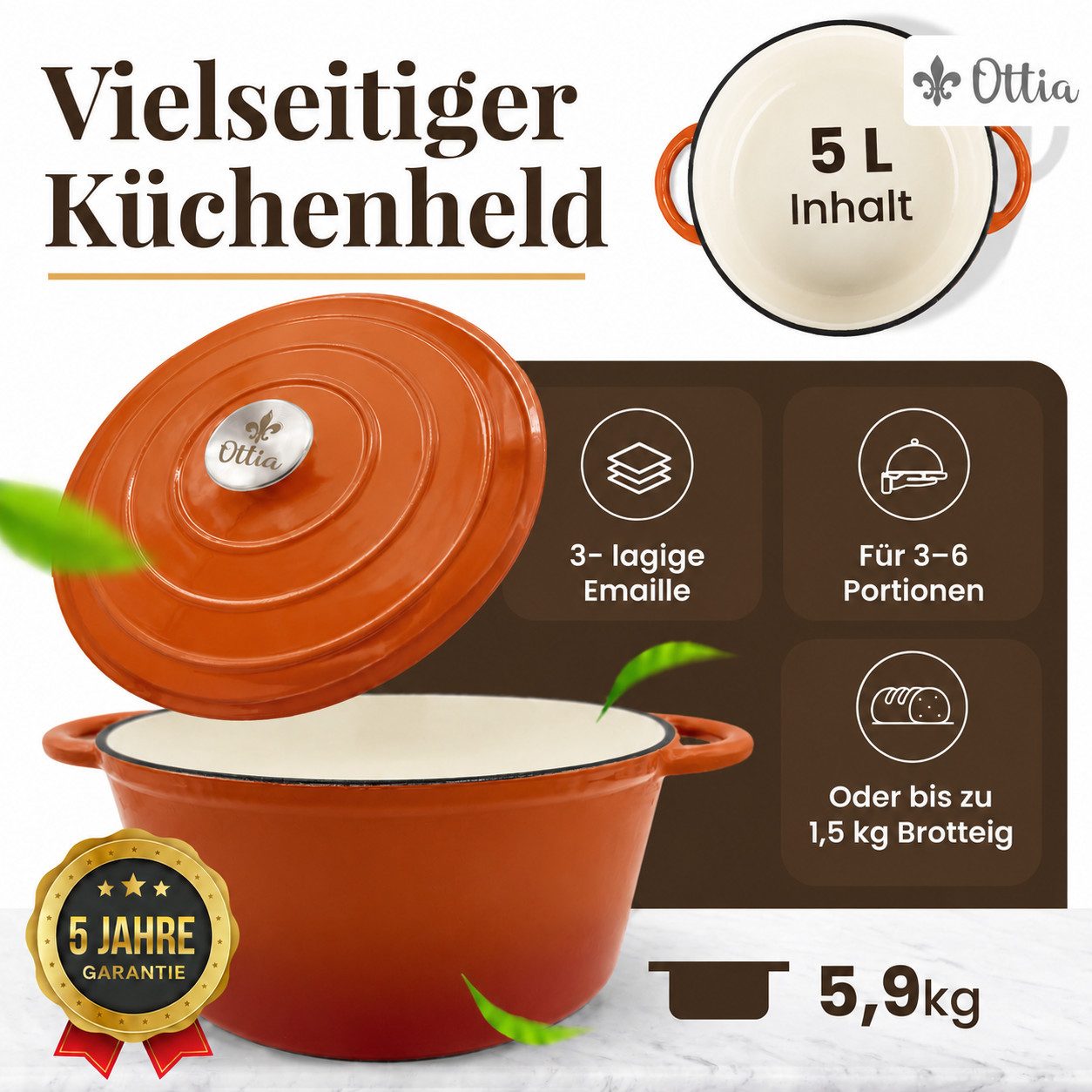 Ottia Schmortopf Gusseisen Topf lc, 26cm groß, 5L, Bräter, Brotbacktopf mit E-Book., Gusseisen, 3-fach Emaille, Händler aus Hamburg