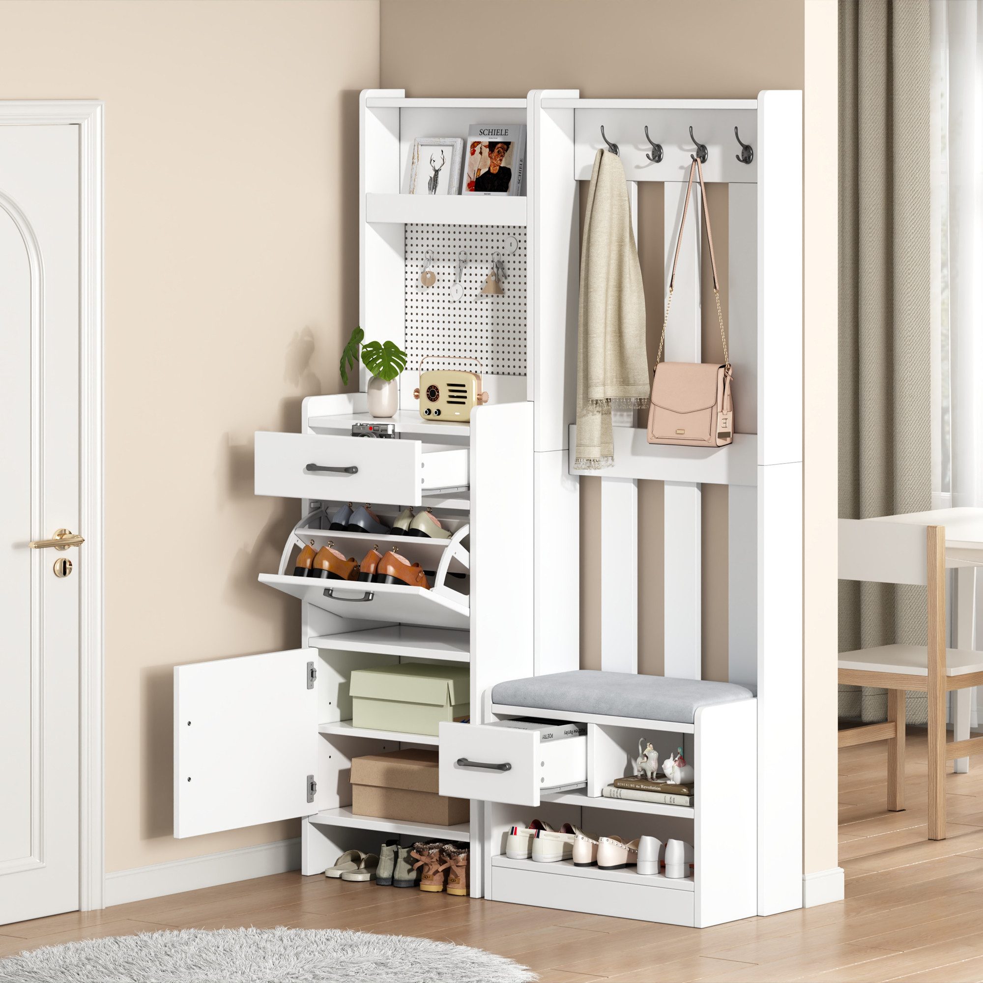 Merax Garderobenständer 7-in-1 Garderobenschrank in Weiß, (1 St., 110x35x175,5 cm), Garderobenständer mit Schuhbank, 2 Schubladen, Schrank, 7 Haken & Rega