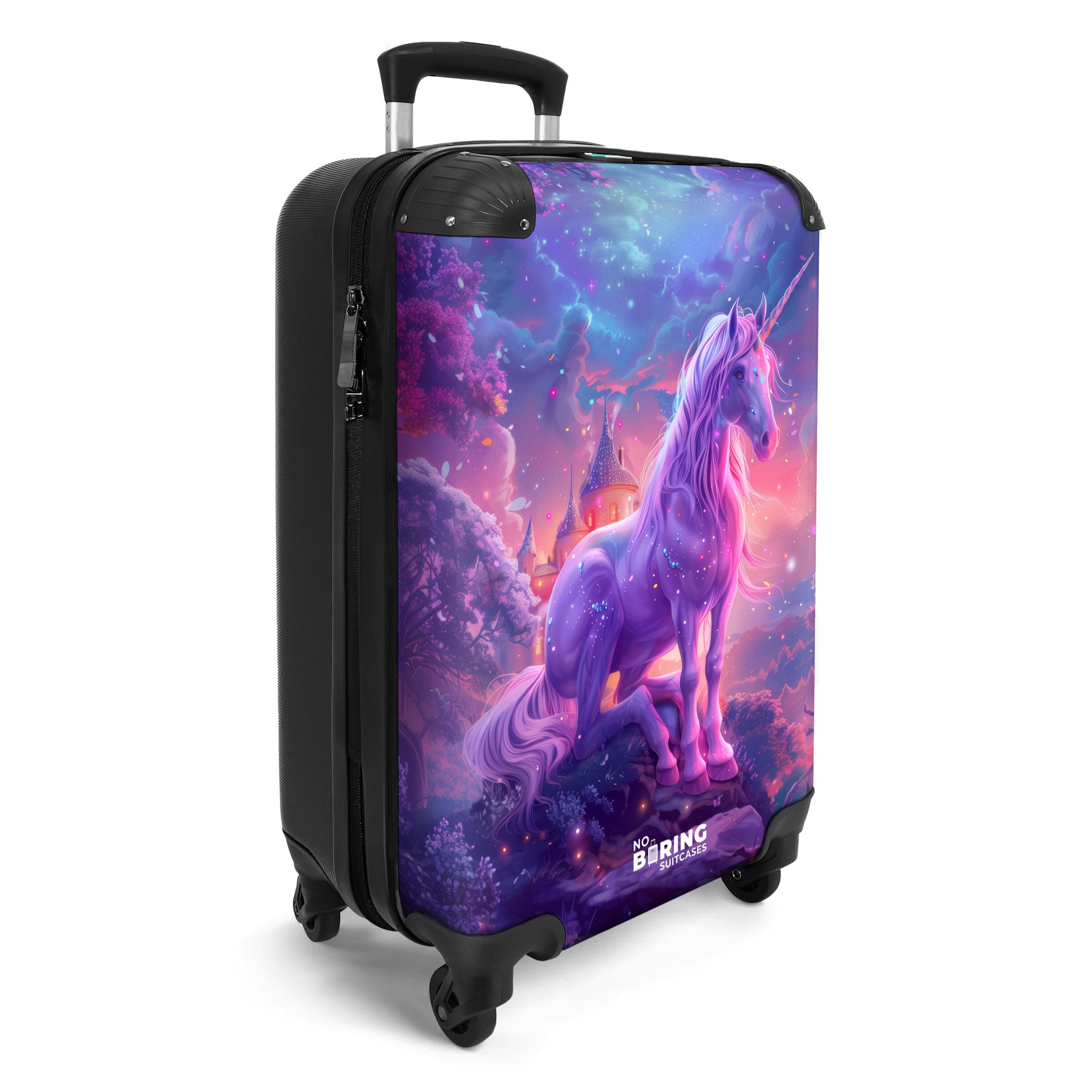 NoBoringSuitcases.com© Kinderkoffer Lila Einhorn in magischer Umgebung 55x35x20cm, 4 Rollen, Handgepäck-Koffer, Kinderkoffer, Reisekoffer Mädchen