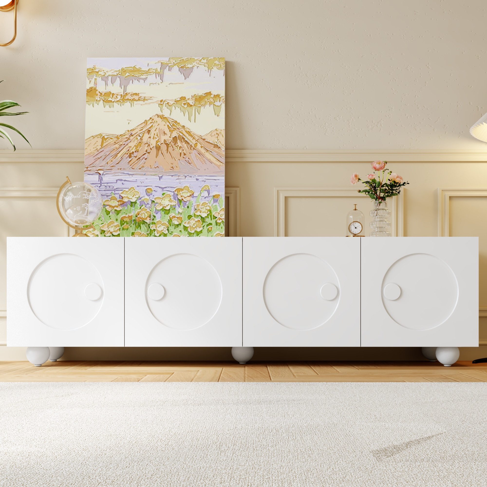 OKWISH TV-Schrank Fernsehschrank 180,5x38x50 cm mit mehreren Türen, mattweiß (Packung, 1-St., Niedriger Fernsehschrank mit 4 Fächern) Mit 5 kugelförmigen Schrankbeinen