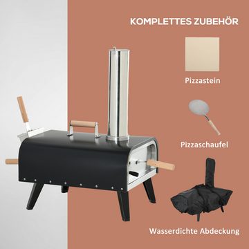 Outsunny Pizzaofen Holzbackofen mit Pizzastein, Pizzaschaufel, Pizzaschieber, für Outdoor BBQ Stahl Schwarz