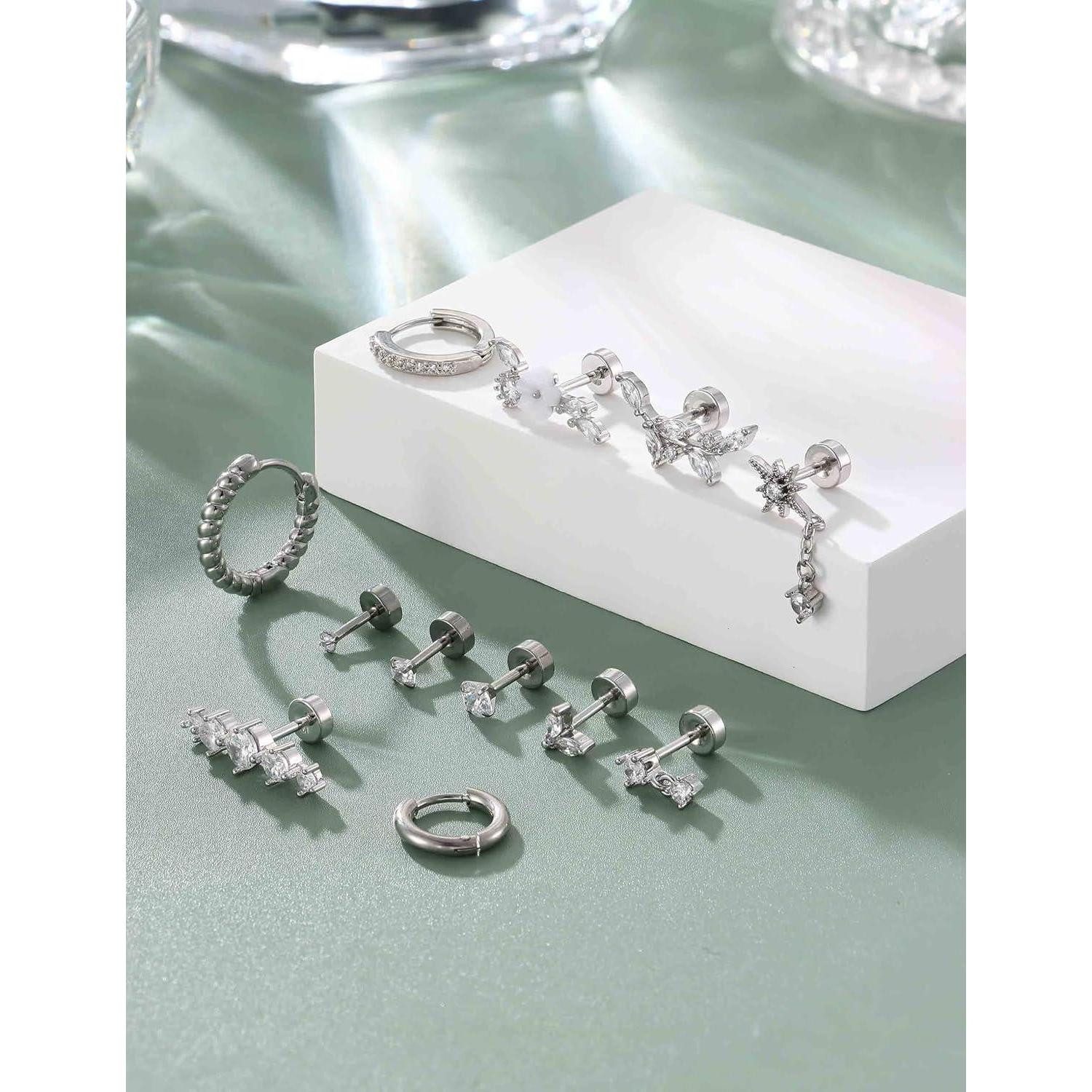 Adramata Piercing-Set 12Pcs Helix Piercings Set Chirurgenstahl Ohrringe CZ Ohrstecker Tragus