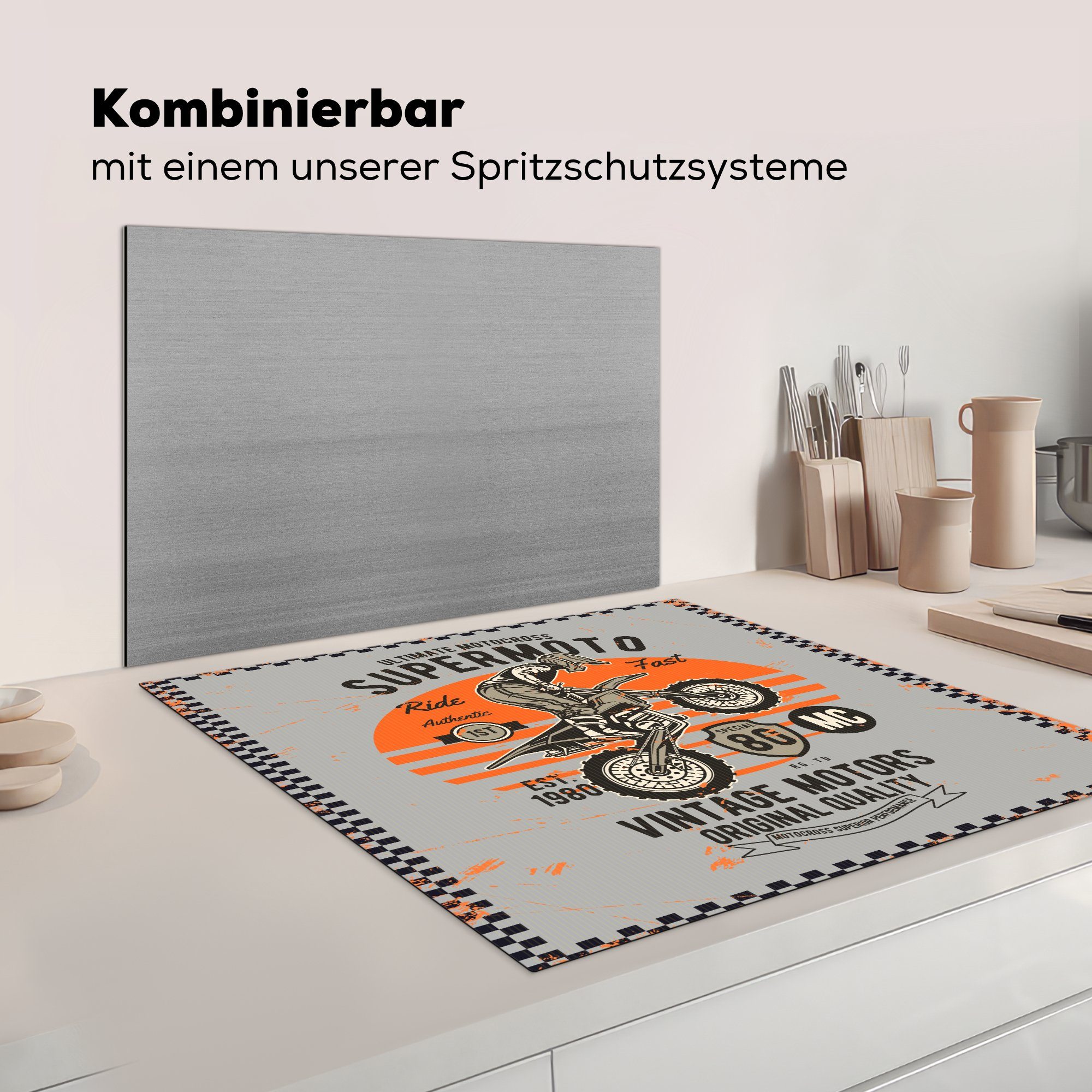 78x78 küche Arbeitsplatte tlg), Mancave Grau Ceranfeldabdeckung, MuchoWow Herdblende-/Abdeckplatte für - cm, Vinyl, Orange, Motor - - (1