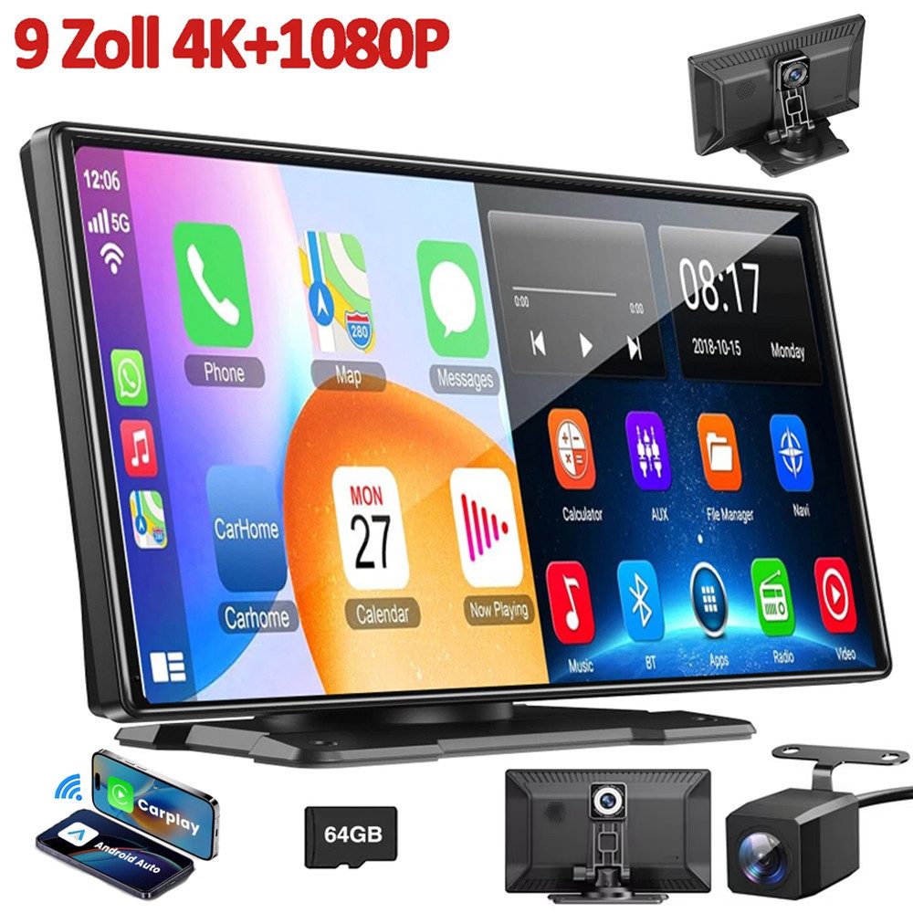 4K HD 9'' Apple Carplay Android Auto Dashcam mit Rückfahrkamera BT GPS Navigationsgerät