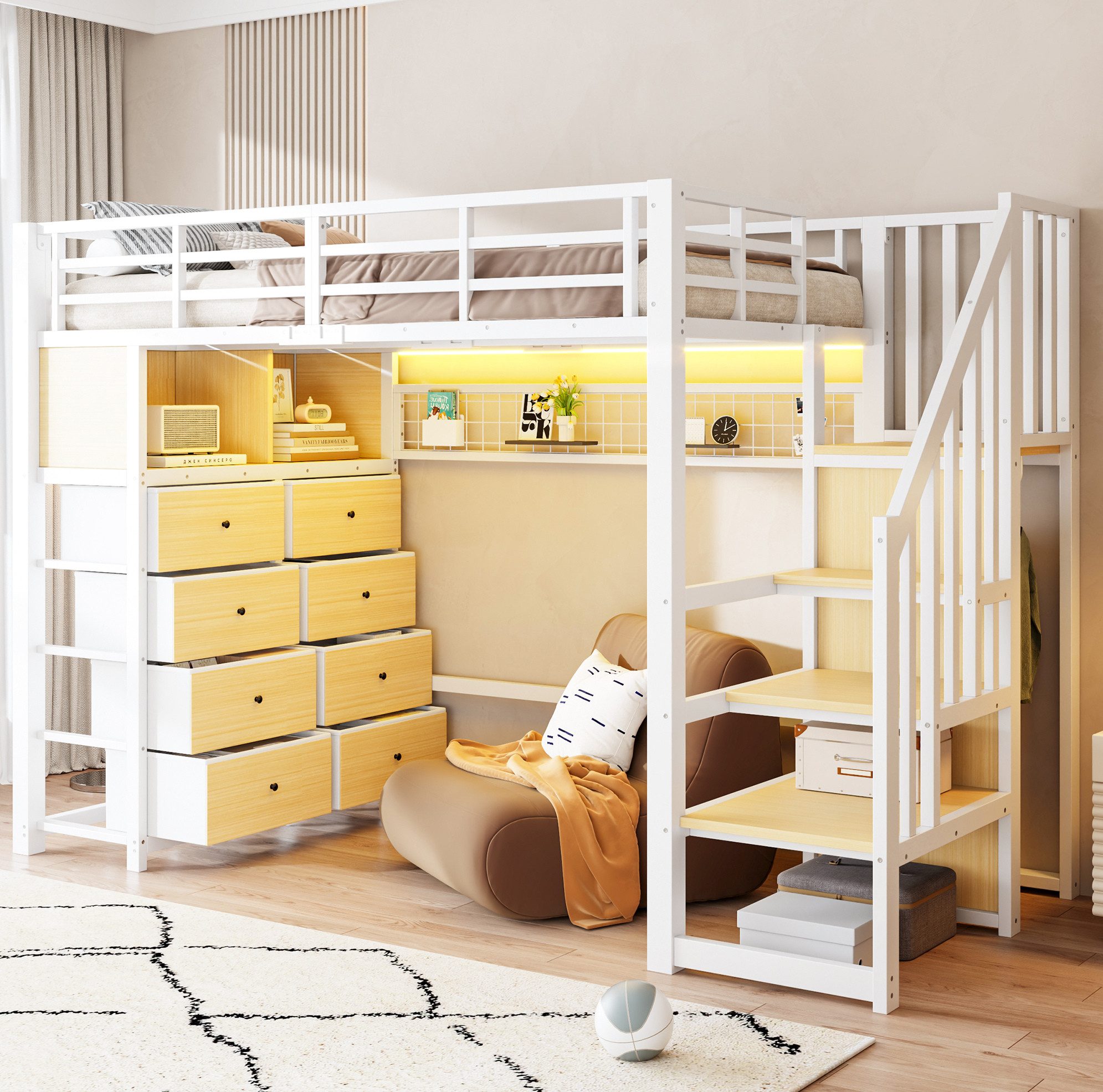 OKWISH Hochbett Kinderbett 90 × 200 cm mit 8 Schubladen und Stauraum Weiß (Packung, 1-St., Schlafplatz für Kinder mit Hängepaneelen und praktischem Design) Spielbett mit Aufbewahrungsleiter LED Licht und Regalen,ohne Matratze