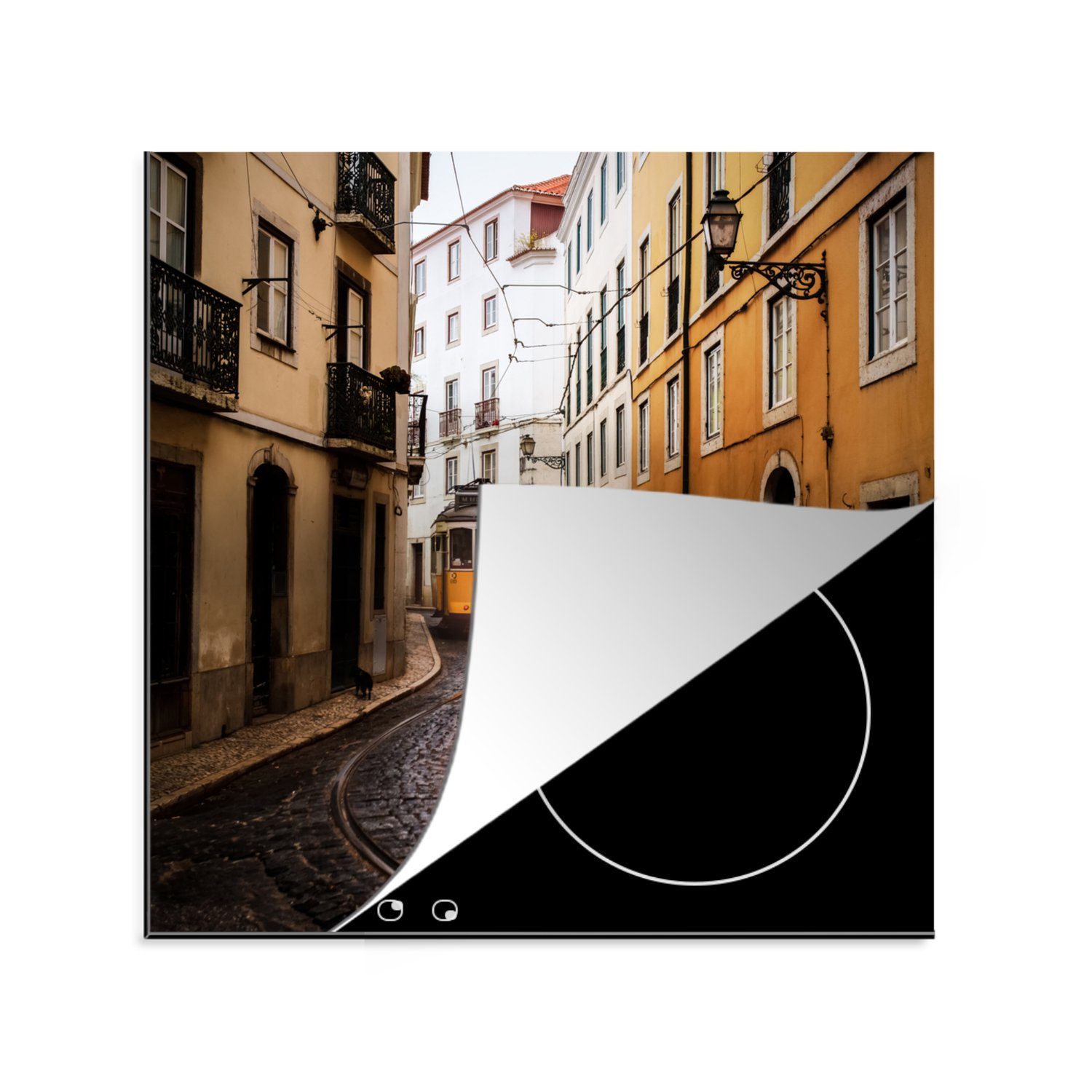 MuchoWow Herdblende-/Abdeckplatte Lissabon - Straßenbahn - Portugal, Vinyl, (1 tlg), 78x78 cm, Ceranfeldabdeckung, Arbeitsplatte für küche