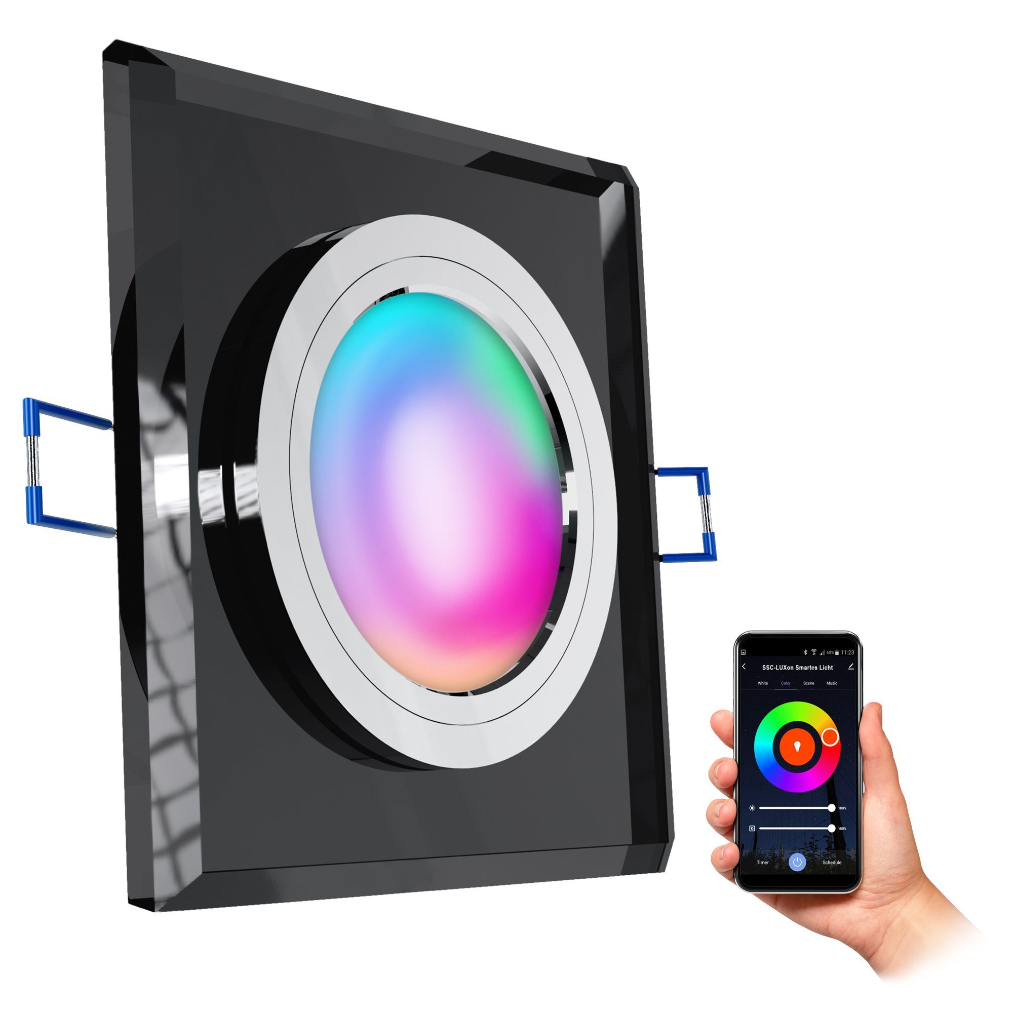 SSC-LUXon LED Einbaustrahler Glas Einbaustrahler flach, eckig & schwarz mit RGB LED Smart WLAN, RGB