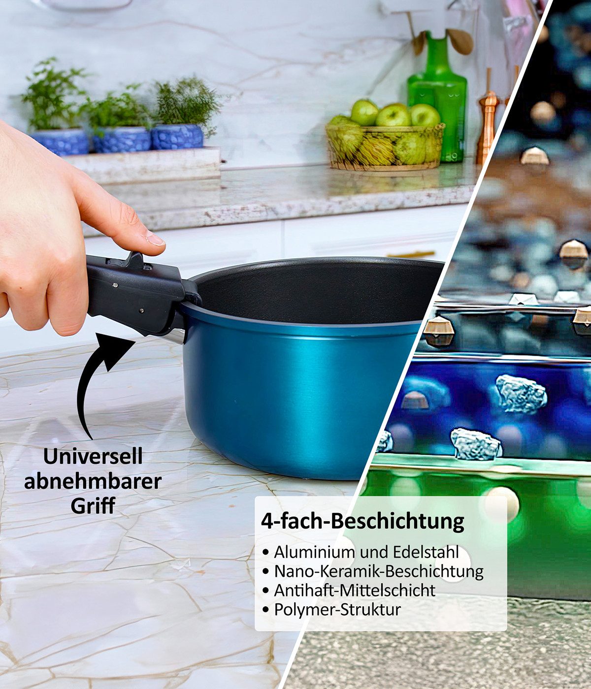 Genius Pfannen-Set Kelton 31 tlg, Kochgeschirr, inklusive Clia Genie Schwämmen, (Großes Koch-Set, 31 tlg), Platzsparendes Design mit abnehmbarem Griff & stapelb – Bild 4 von 5