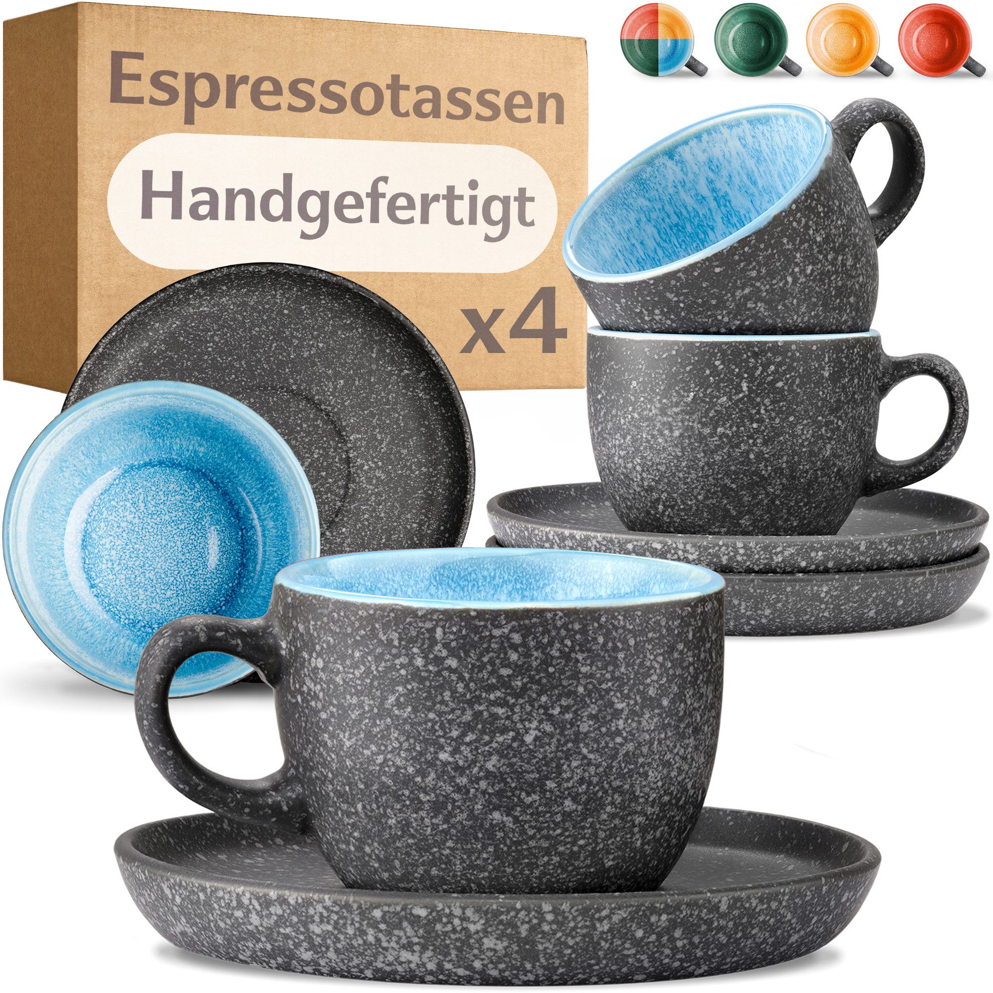 Cosumy Cappuccinotasse Чашки для эспрессо mit Untertassen 4er Set - 90 ml Keramik Blau, Keramik, Warm
