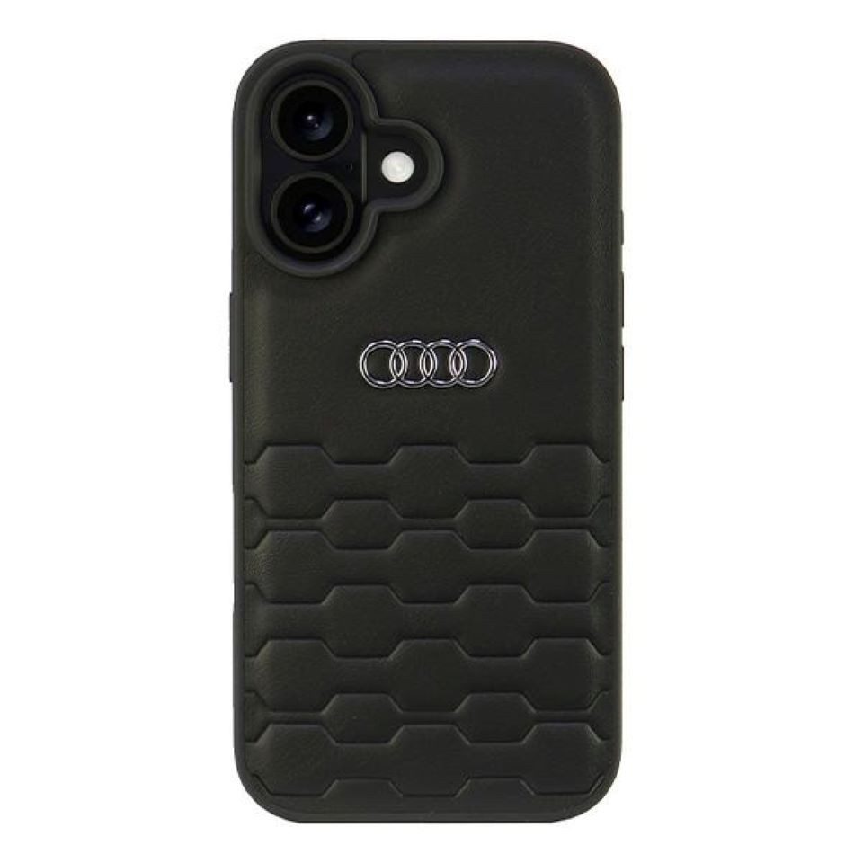 Audi Handyhülle iPhone 16 Kunstleder schwarz Logo Metall 6,1 Zoll, Kantenschutz