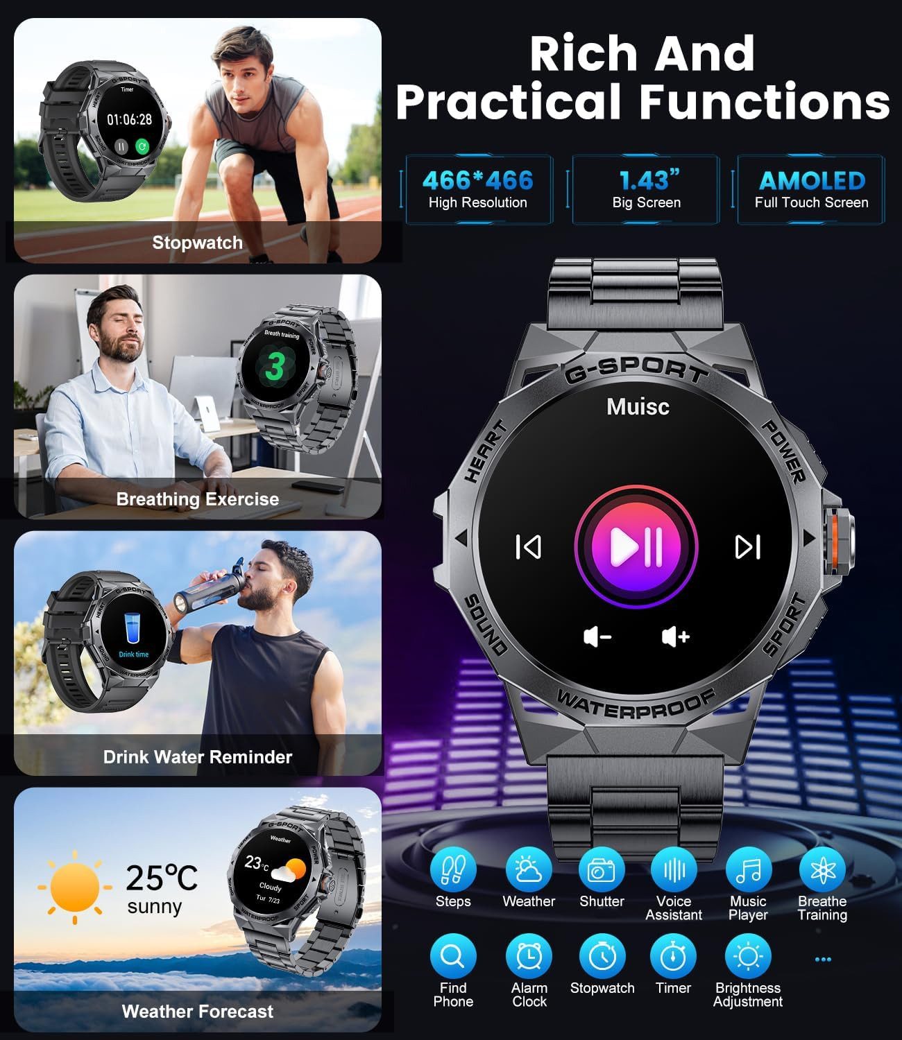 Zevelora Herren's IP68 Wasserdicht Fitnessuhr Tracker AMOLED Display Smartwatch (1.43 Zoll, Android/iOS), mit Pulsmesser Schlafmonitor, 400mAh Akku Smart Watch für Android iOS