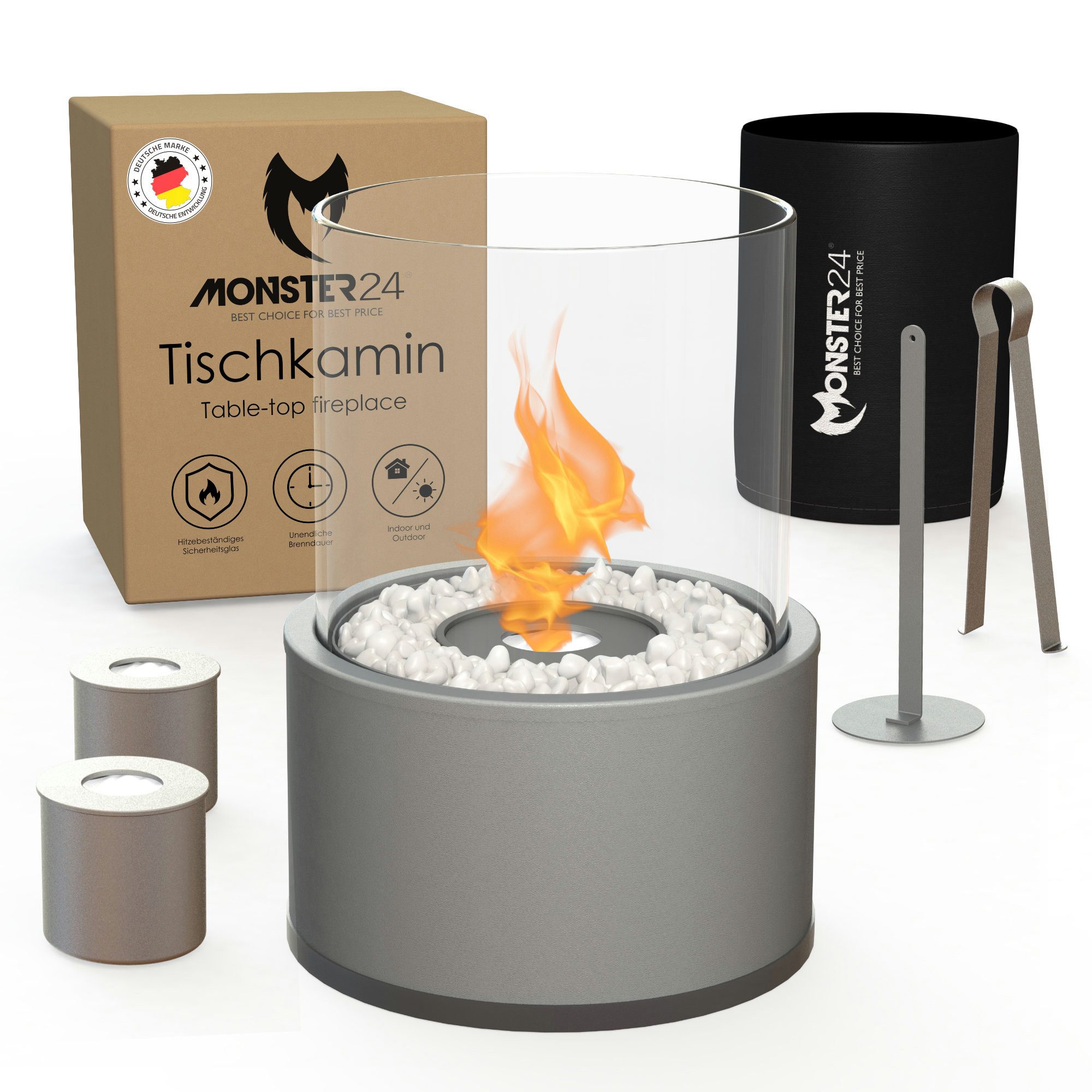 Monster24 Tischfeuer Bio-Ethanol Tischkamin für Indoor & Outdoor, Echtfeuer-Dekokamin (Höhe 36 cm / Durchmesser 26 cm)