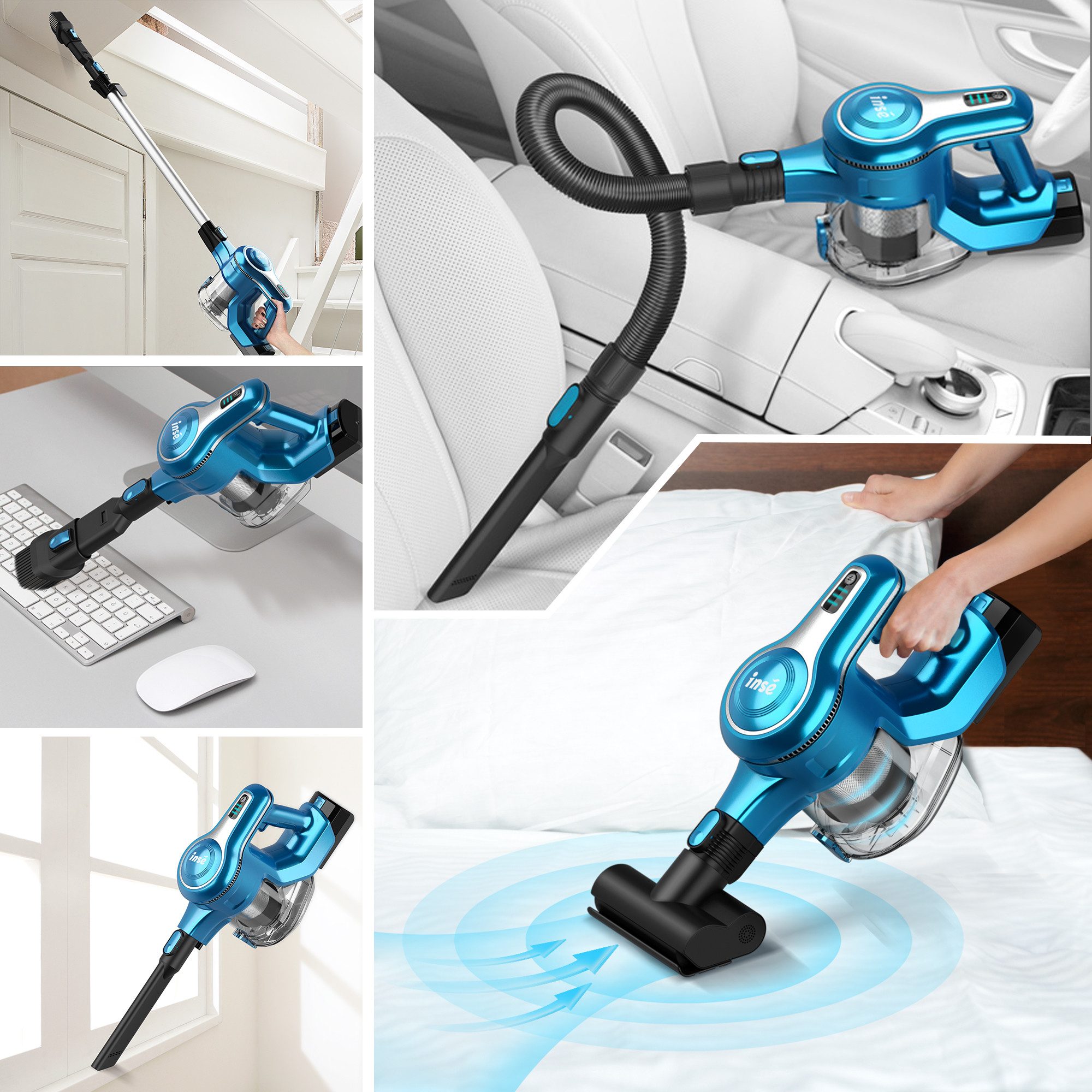 INSE Akku-Hand-und Stielstaubsauger 2026 Neuer Akku Staubsauger 80000 Pa/50 Min/1,2 L Staubsauger Kabellos, mit Beutel, 50 dB leise/5-Stufen-HEPA Filter/LED Display, für Böden/Teppiche/Auto