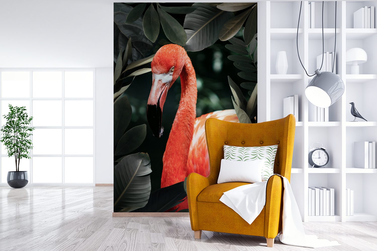 Wandtapete für Tapete Flamingo - Grün, Fototapete MuchoWow Blätter St), Montagefertig Wohnzimmer, Matt, bedruckt, - Vinyl (3
